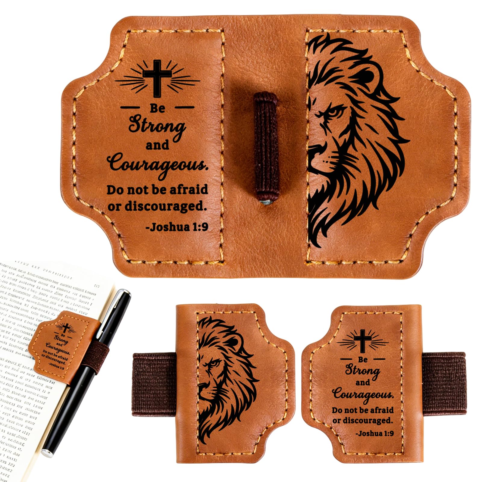 Leather Magnetic Bookmarks Christian with Pen Holder - Bible Magnetic Bookmarks for Men Kids Baptism Gifts for Boys Men Religious Gifts Bible Bookmark Accessories for Man Easter Basket Stuffers
