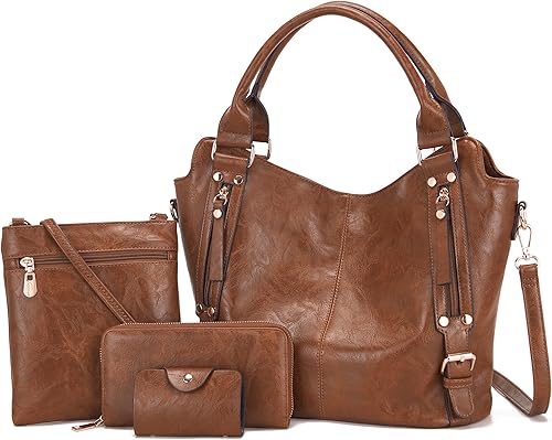 Soperwillton - Bolsos de hombro para mujer, bolso grande de cuero sintético, bolso tote, bolso cruzado, billetera para damas, set de 4 piezas
