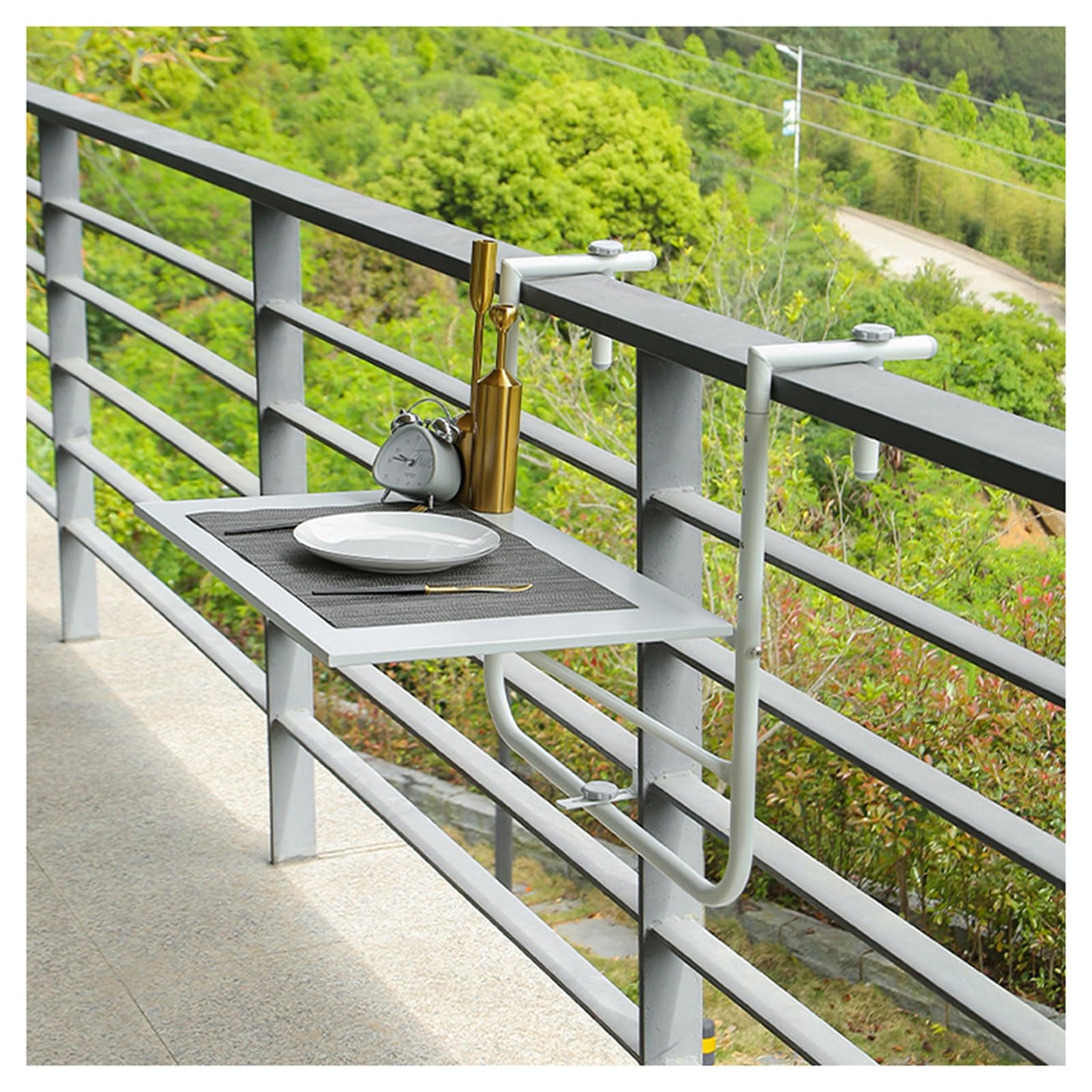 Barre de balcon pliable blanche table suspendue d'extérieur réglable pour terrasse