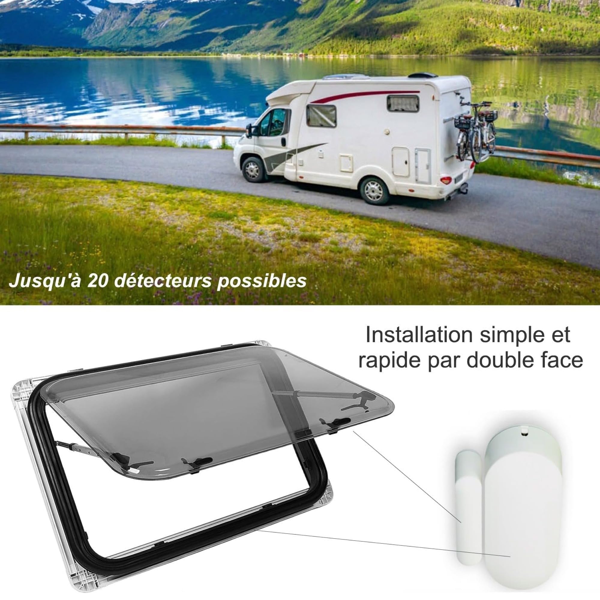 Nouveau - Alarme de Camping Car - 100% Autonome - Alimentation par Piles - Sirène Puissante avec 4 détecteurs d'ouverture et 1 Détecteur de Mouvement.