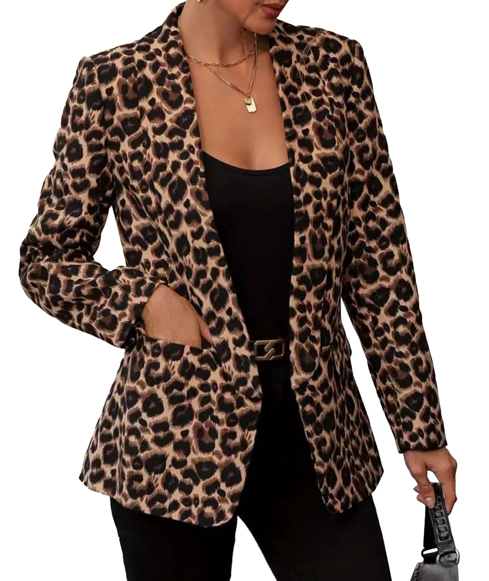 SEMATOMALA Womens Slim Fitted Business Casual Blazer Jacket Leopard Open Front Blazer Work Office Suit Coat