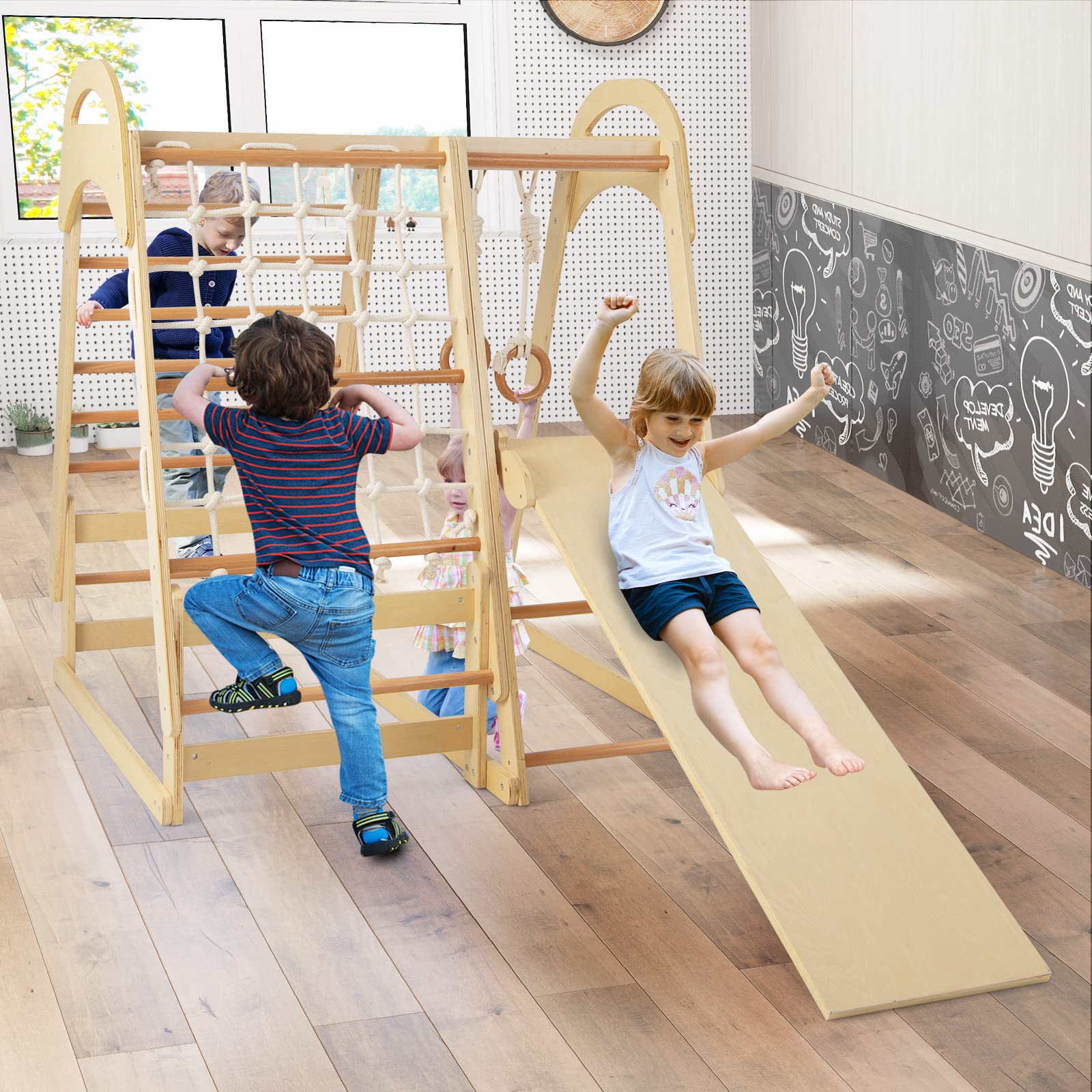 COSTWAY 6 in 1 Parco Giochi per Bambini, Set Arrampicata in Legno con Scivolo, Anelli da Ginnastica, Rete da Arrampicata, Palestra da Interno per Bambini (Naturale)