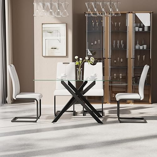 Miniatura 9 de Juego de mesa de comedor de 7 piezas para 6, mesa rectangular moderna de cristal con 6 sillas tapizadas de cuero, juegos de mesa y sillas de comedor