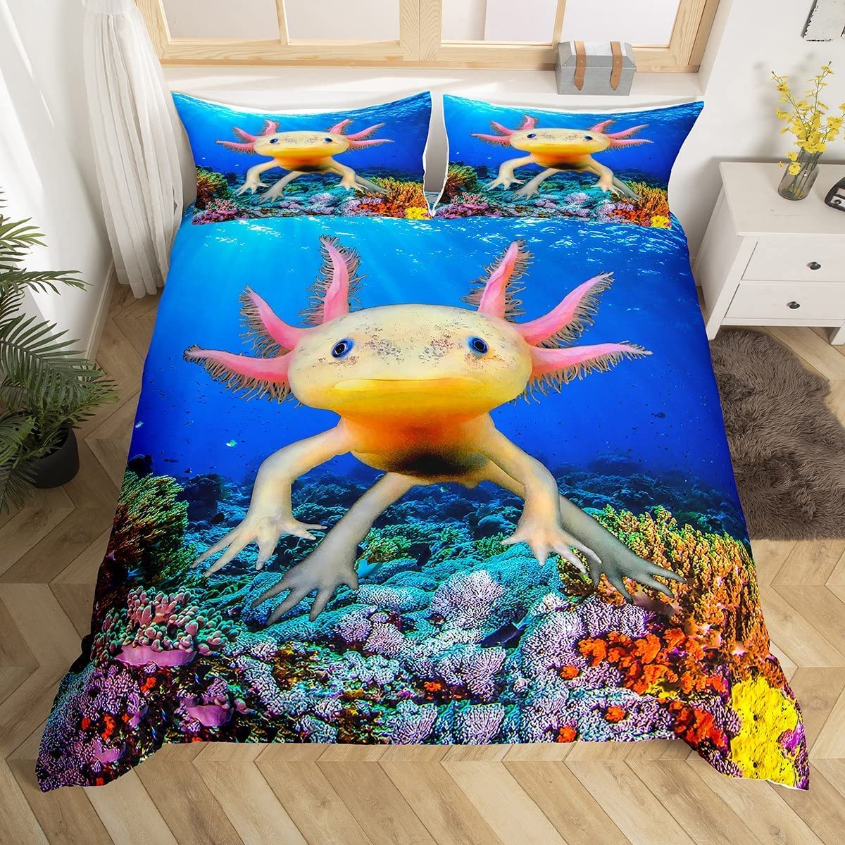 Loussiesd Cartoon Axolotl Duvet Cover Kawaii Axolotl Bedding Set Ocean Sea Comforter Cover for Boys Girls Teens Bedroom Marine life Sealife Bedspread Cover King