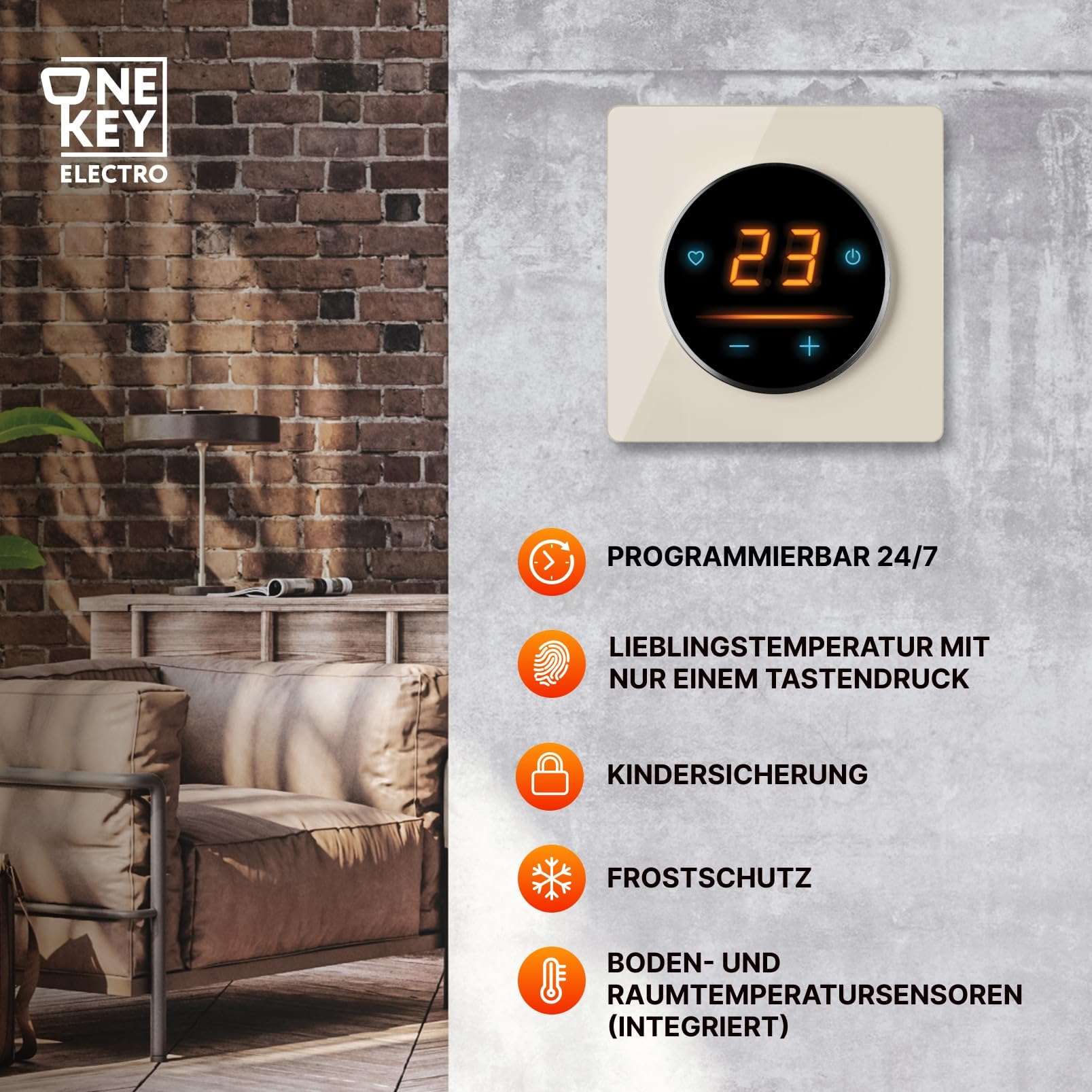 Riscaldamento a pavimento elettrico: tappetino riscaldante a due fili WARMON ULTRA 200 W/m² con termostato WiFi OKE-25 Touch e cornice di copertura in vetro Garda Glass nero, termostato: OKE25 Garda