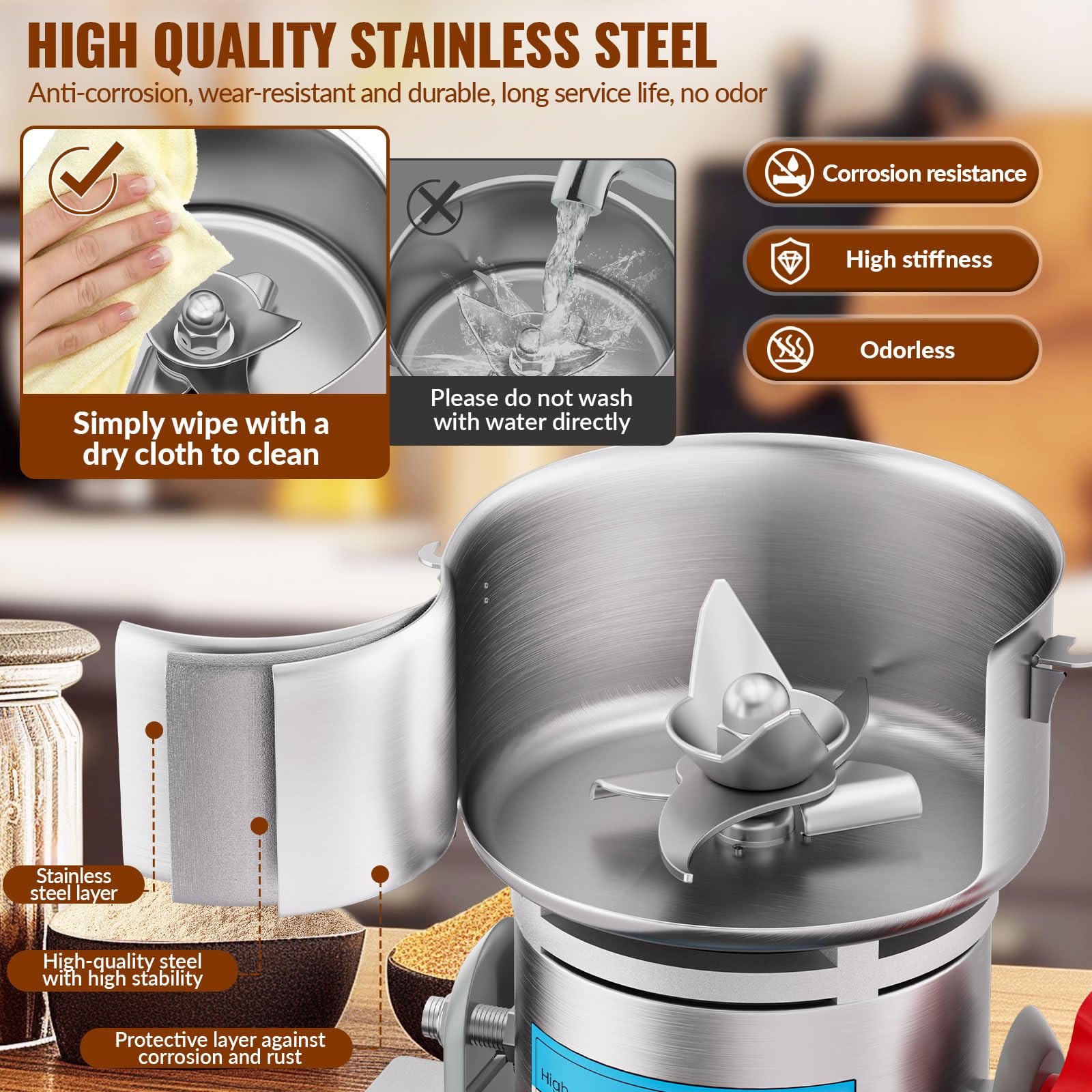 Moulin à Grains Électrique 800g, Broyeur à Grains 2400 W à Haute Vitesse, Machine à Poudre Commerciale avec Protection Contre les Surcharges Pour Céréales Sèches, Riz, Grains de Maïs