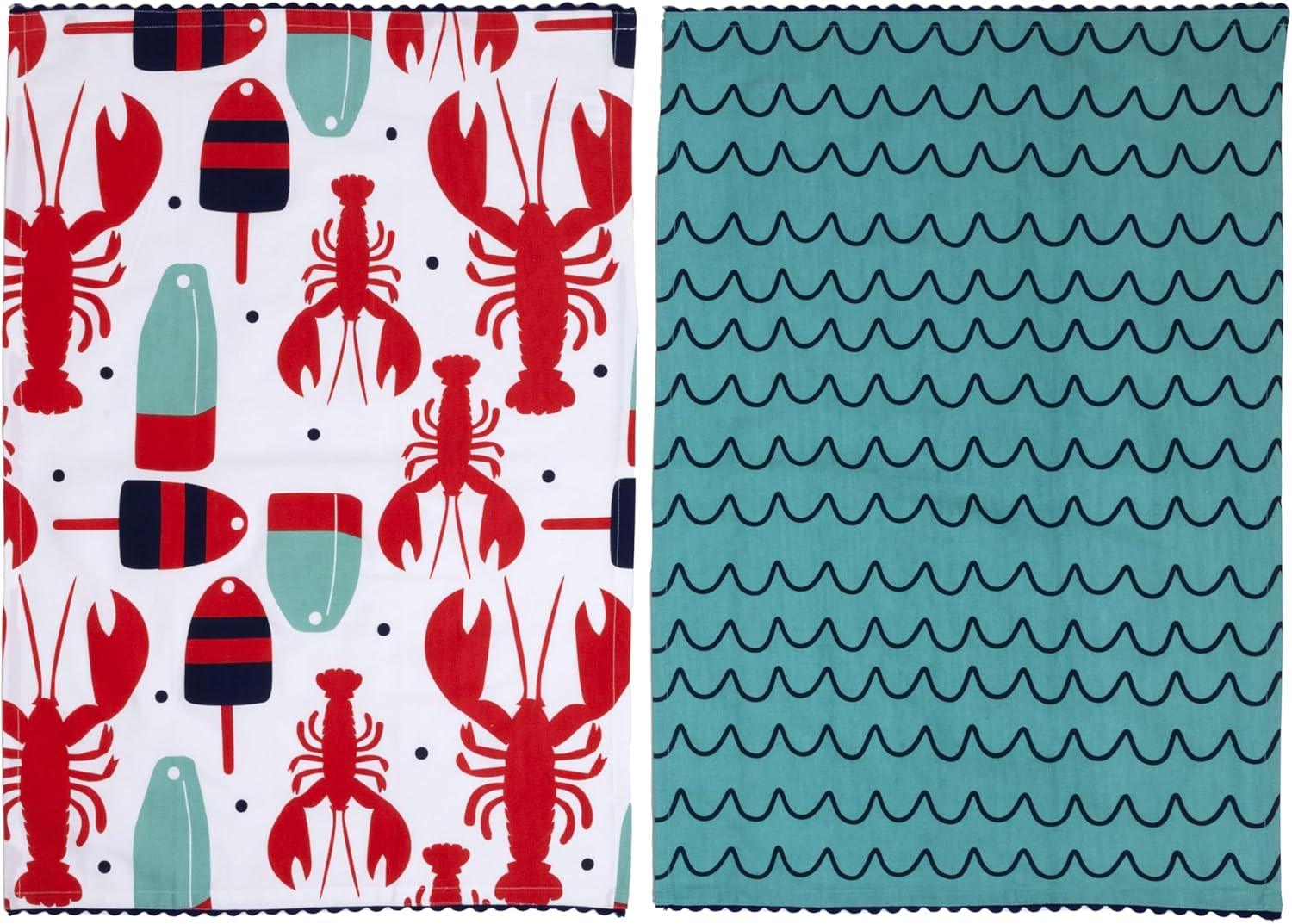 Pavilion Gift Company - Lobster Wave - Set of Two 20" x 28" Decorative Tea Towels - Summer Beach Boat Ocean Waterfront Seaside Nautical Kitchen Decor