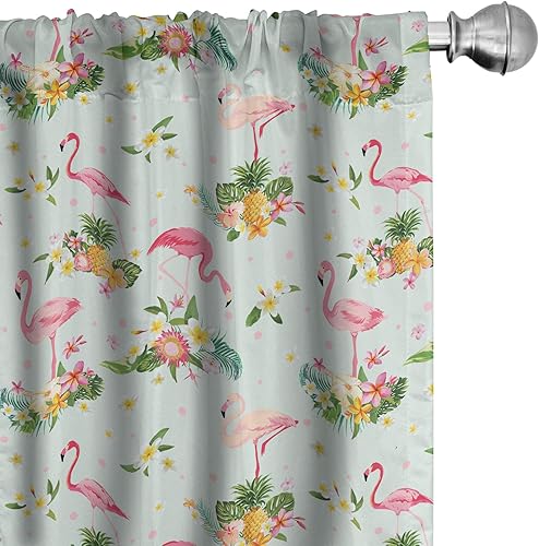 Miniatura 12 de Lunarable Cortinas de ventana mostaza, líneas curvas simétricas, rayas onduladas, damasco, diseño hippie retro, pastel, decoración ligera, juego de