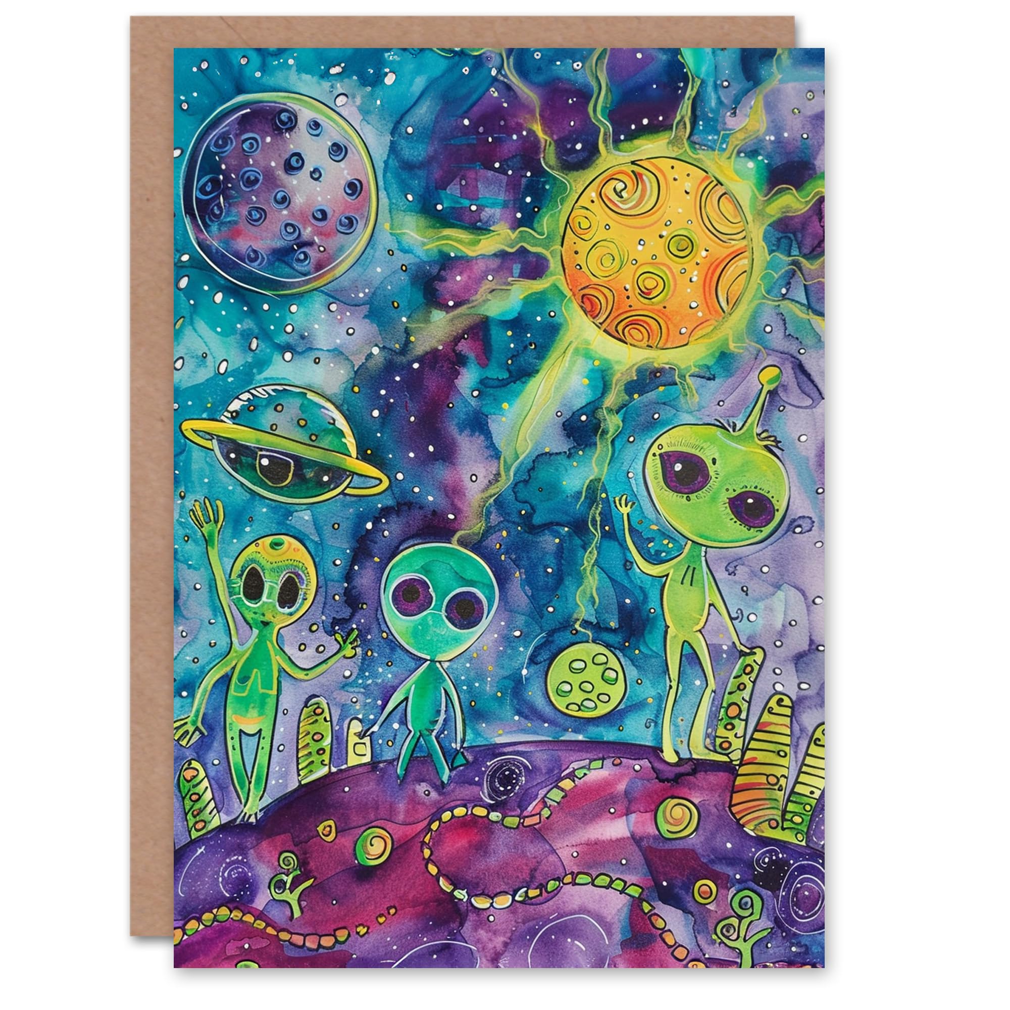 Artery8 Friendly Happy Space Aliens Planets Watercolour Blank For Him Or Her Art Birthday Card