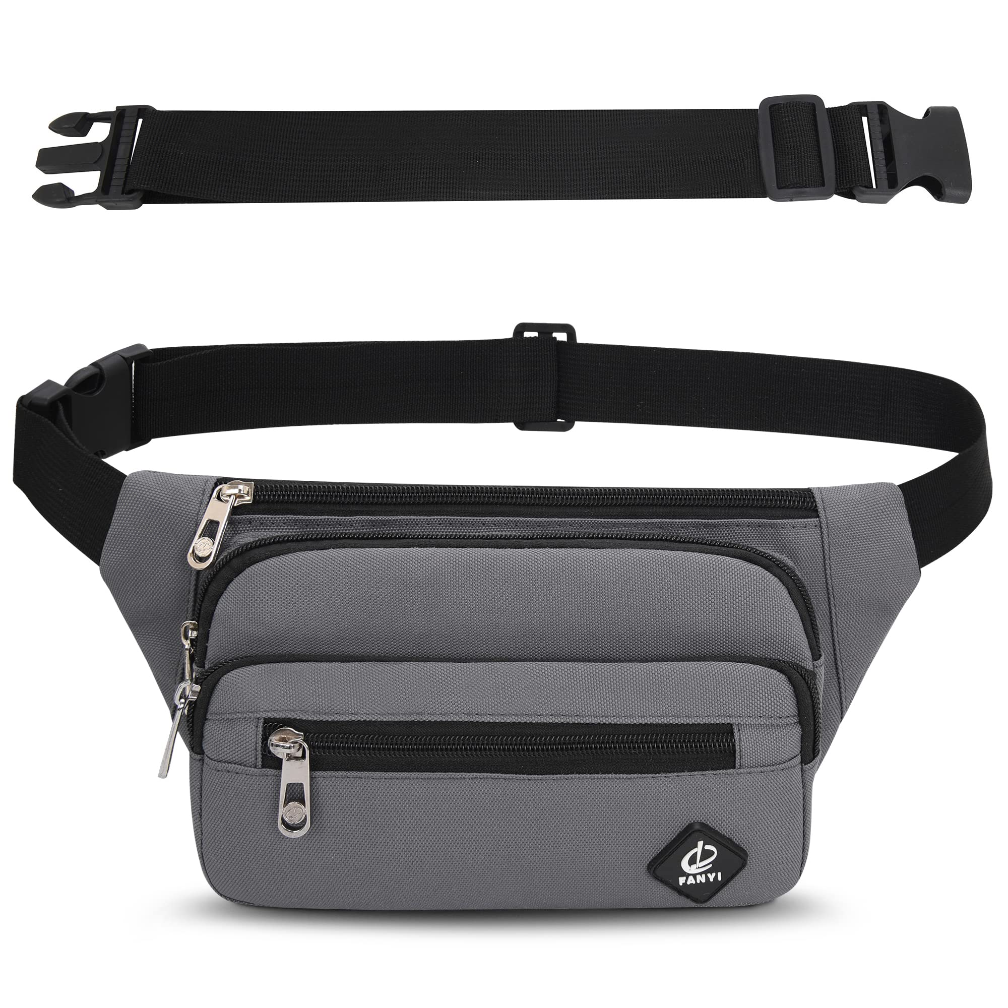 Sac Banane Taille Homme Femme Ville Sacs Banane Unisexe avec Ceinture allongée de 60 cm et Poches à 4 Fermetures à glissière Ceinture réglable pour la randonnée d'entraînement en Plein air (Gris)
