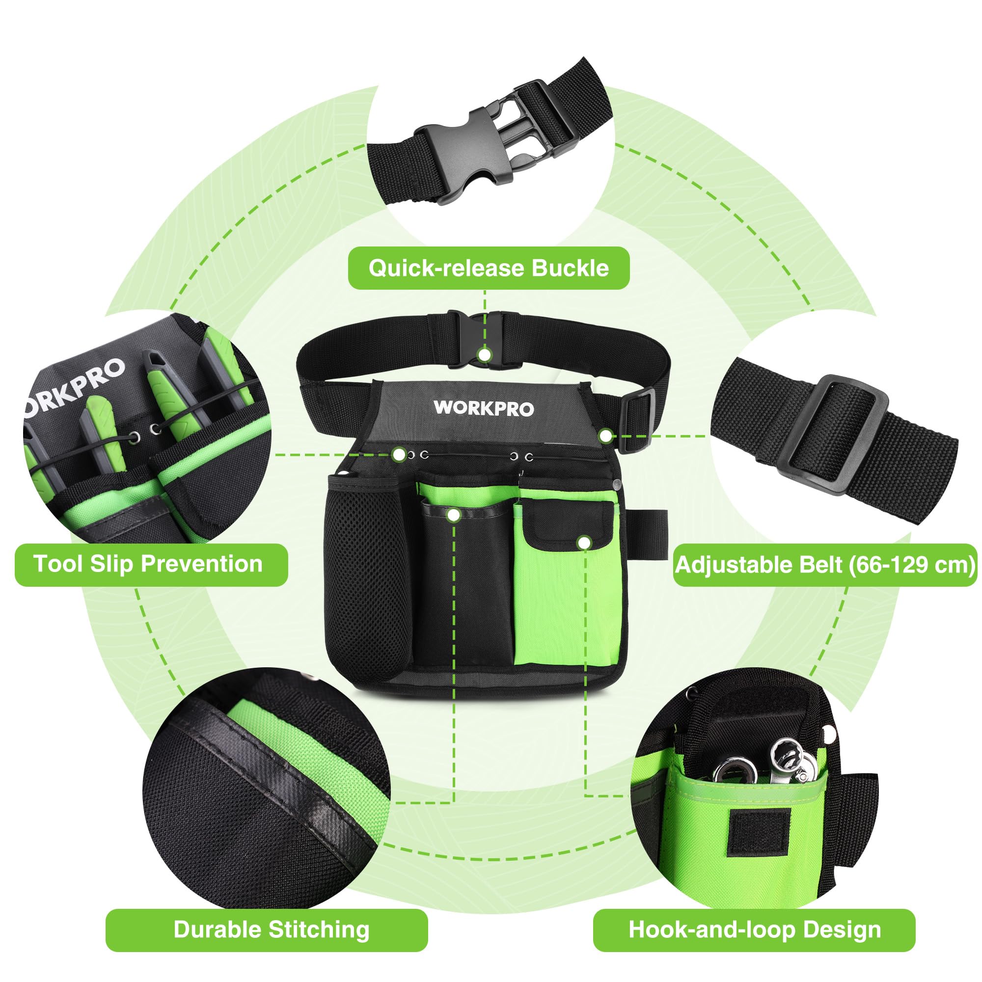 WORKPRO Tool Belt for Garden Tools 600D Oxford Multifunctional Belt with 5 Pockets, for Gardeners Electricians, Mechanics & DIYers - Image 3