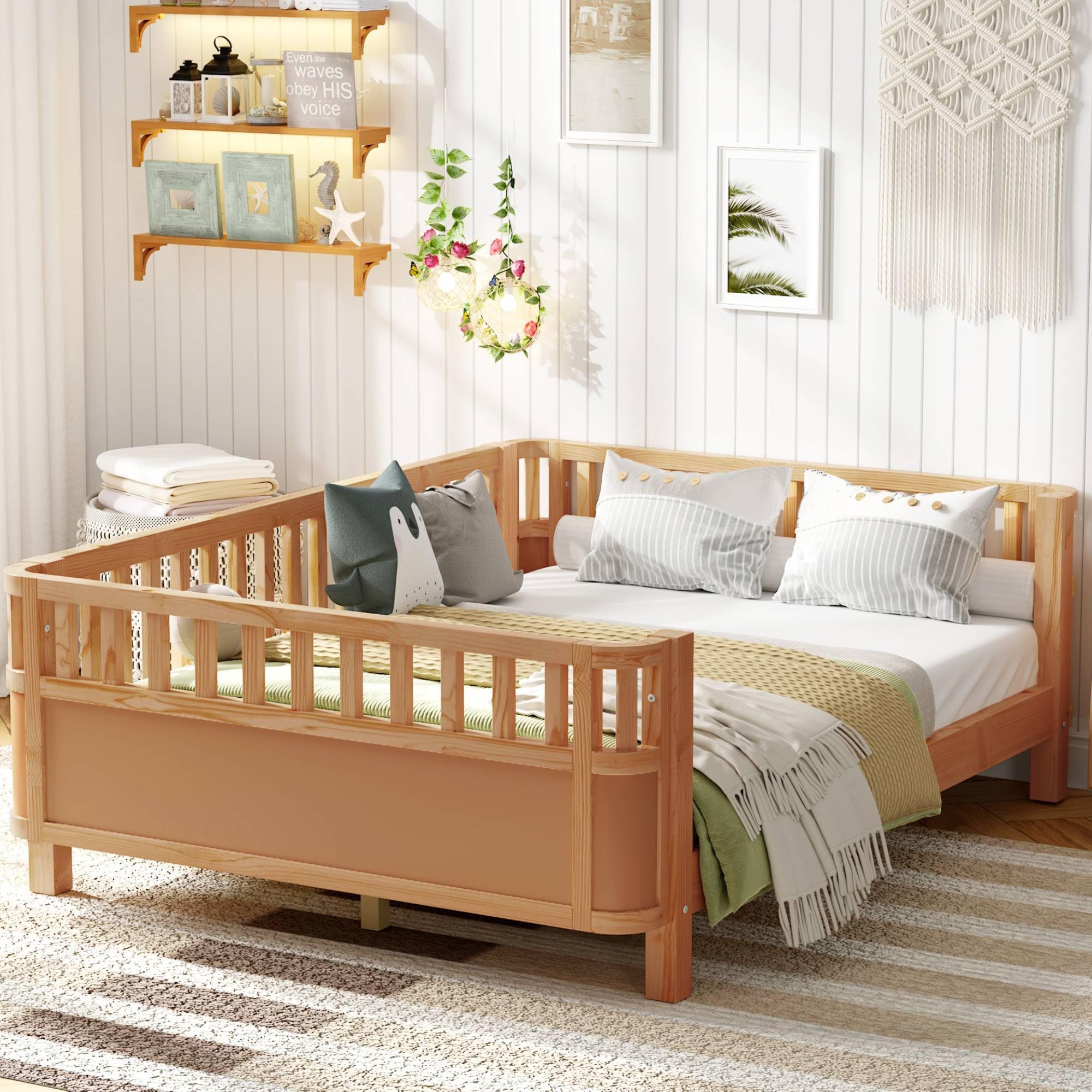 KEIKI Full Size Wooden Floor Bed, Montessori Platform Bed Frame with Low Profile & Safety Rails, Space Saving Kids Beds for Boys Girls Bedroom, No Box Spring Needed, Easy Assembly, Noise Free, Brown