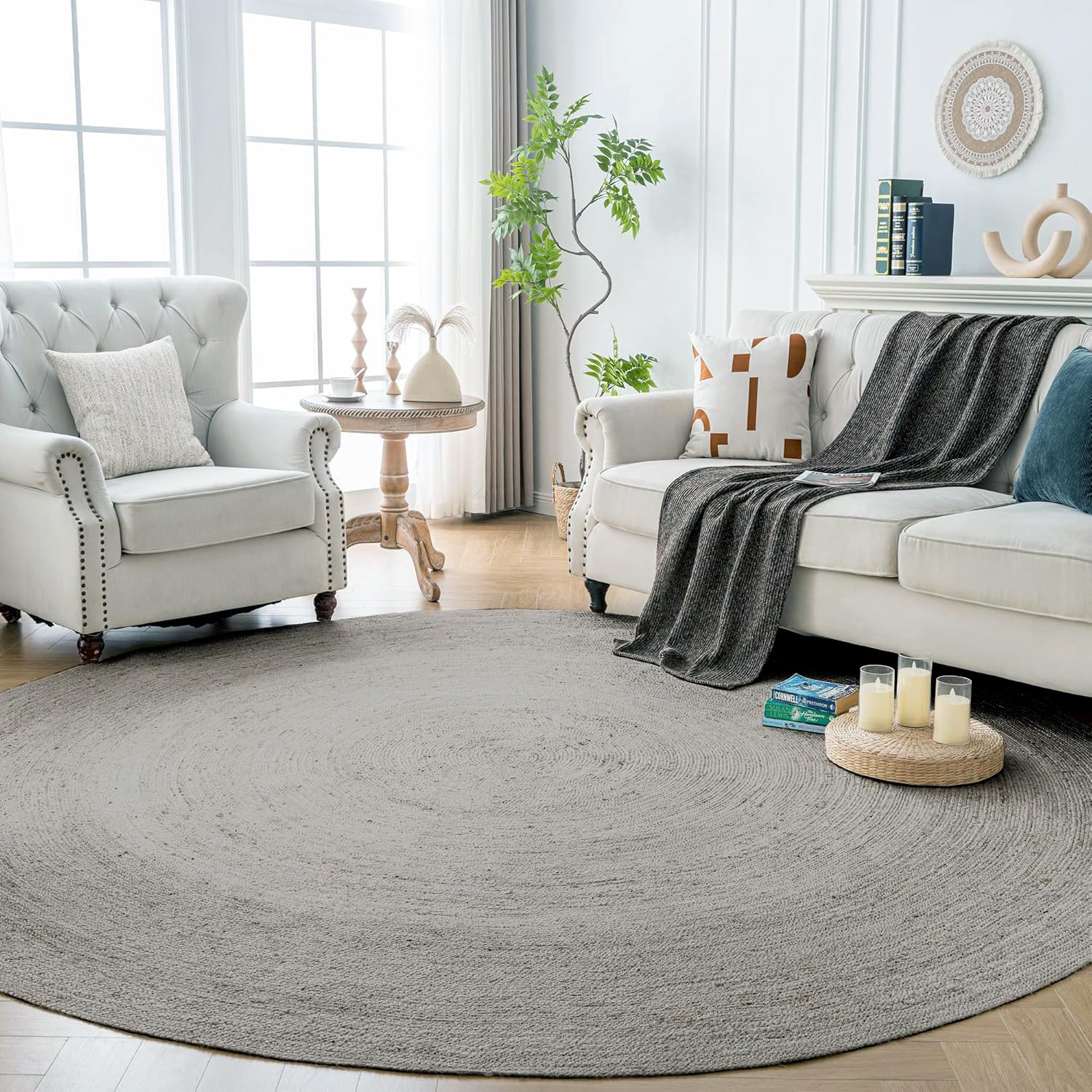 Natural Jute Rounds Rug – Vibrant Color Handwoven Area Carpet for Living Room, Bedroom & Boho Decor – Eco-Friendly Circular Mat – Multiple Sizes & Colors —(Grey, 5x5 feet-image-4