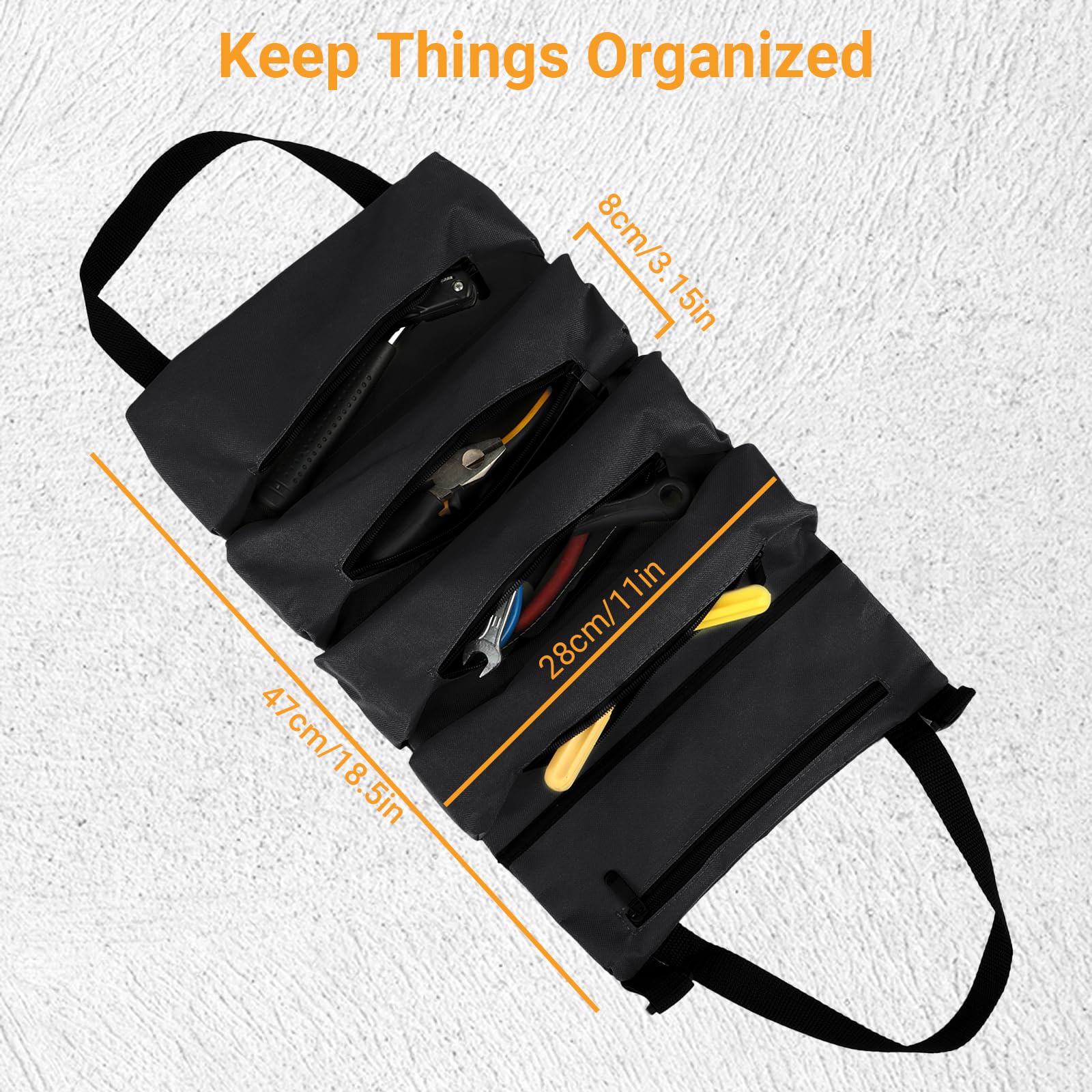 Borsa per Attrezzi Arrotolabile, Tasca Porta Attrezzi - Borsa Portautensili con 5 Tasche con Cerniera - Per Elettricisti, Idraulici, Falegnami, Uso Domestico, Auto e Moto (Nero)