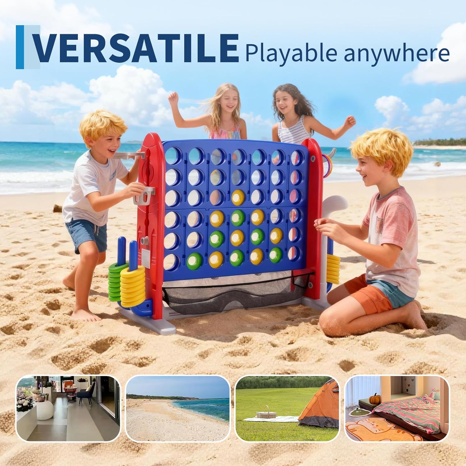 Giant 4-in-A-Row, Outdoor Jumbo 4 to Score w/Quick Release, Basketball Hoop, Ring Toss & Net, Connect Four Yard Games with Adjustable Height(2.7-3.2 FT), Party Family Floor Game for Kids & Adult, Blue