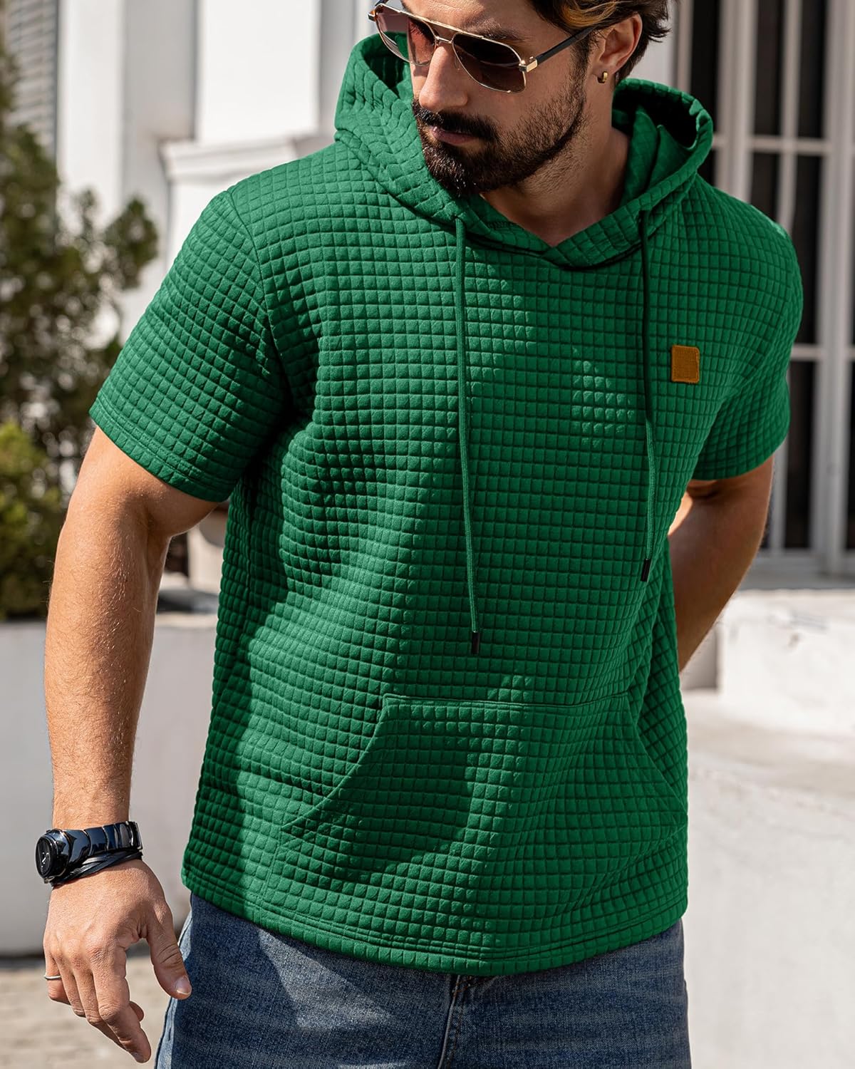 Aiyino Men's Hoodies Pullover Casual Short Sleeve Drawstring Waffle Knit Hooded Sweatshirt with Kanga Pocket - Image 4