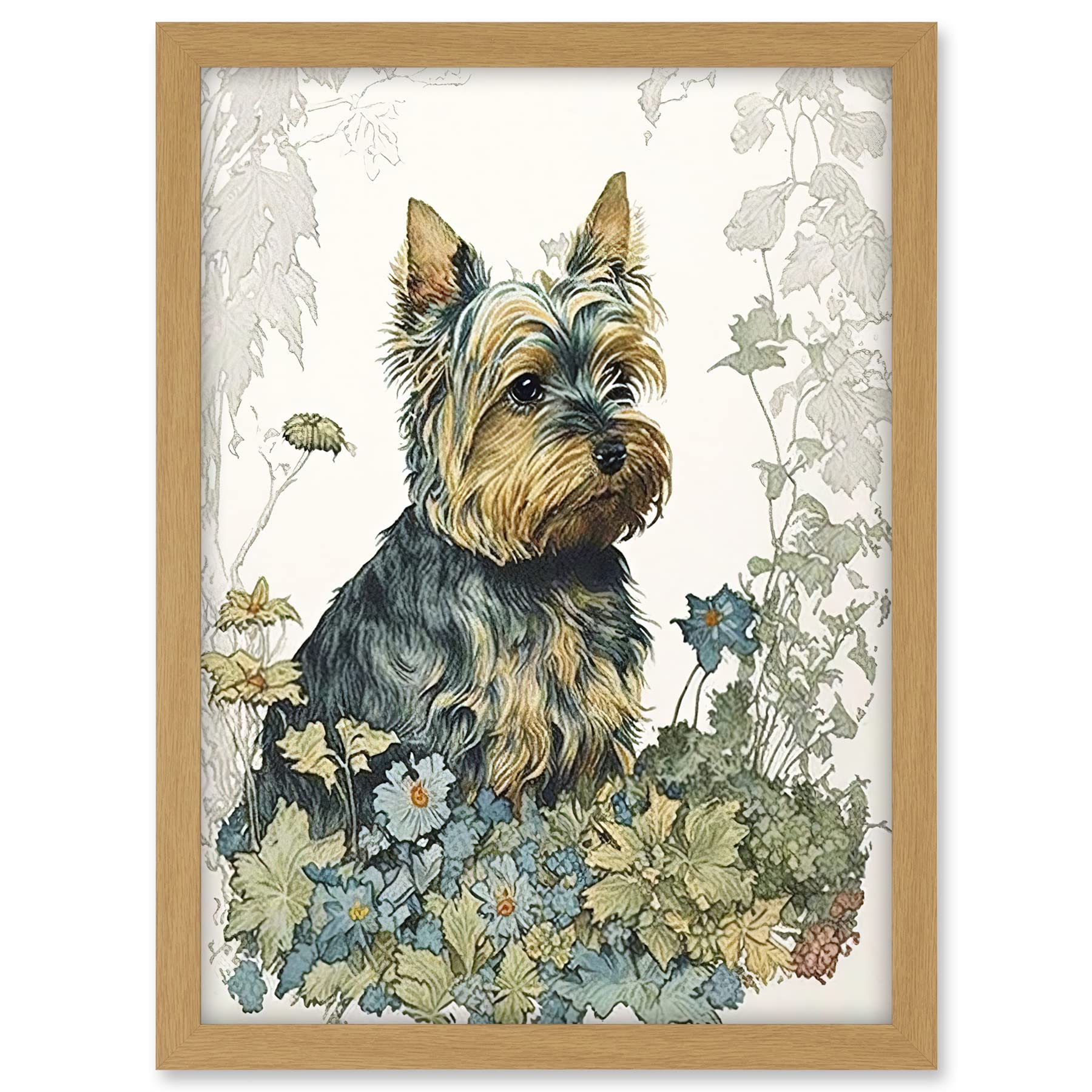 Artery8 Yorkshire Terrier Dog in Wildflowers Watercolour Illustration Artwork Framed A3 Wall Art Print