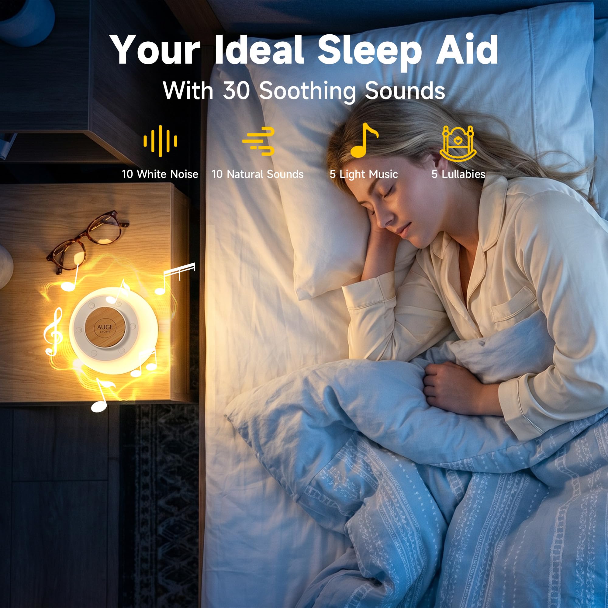 AUGE LIGHT Máquina de sonido de ruido blanco 4 en 1 con luces nocturnas, 30 sonidos relajantes, 32 niveles de volumen, 3 temporizadores, máquina de dormir portátil para bebés, niños y adultos, mesita