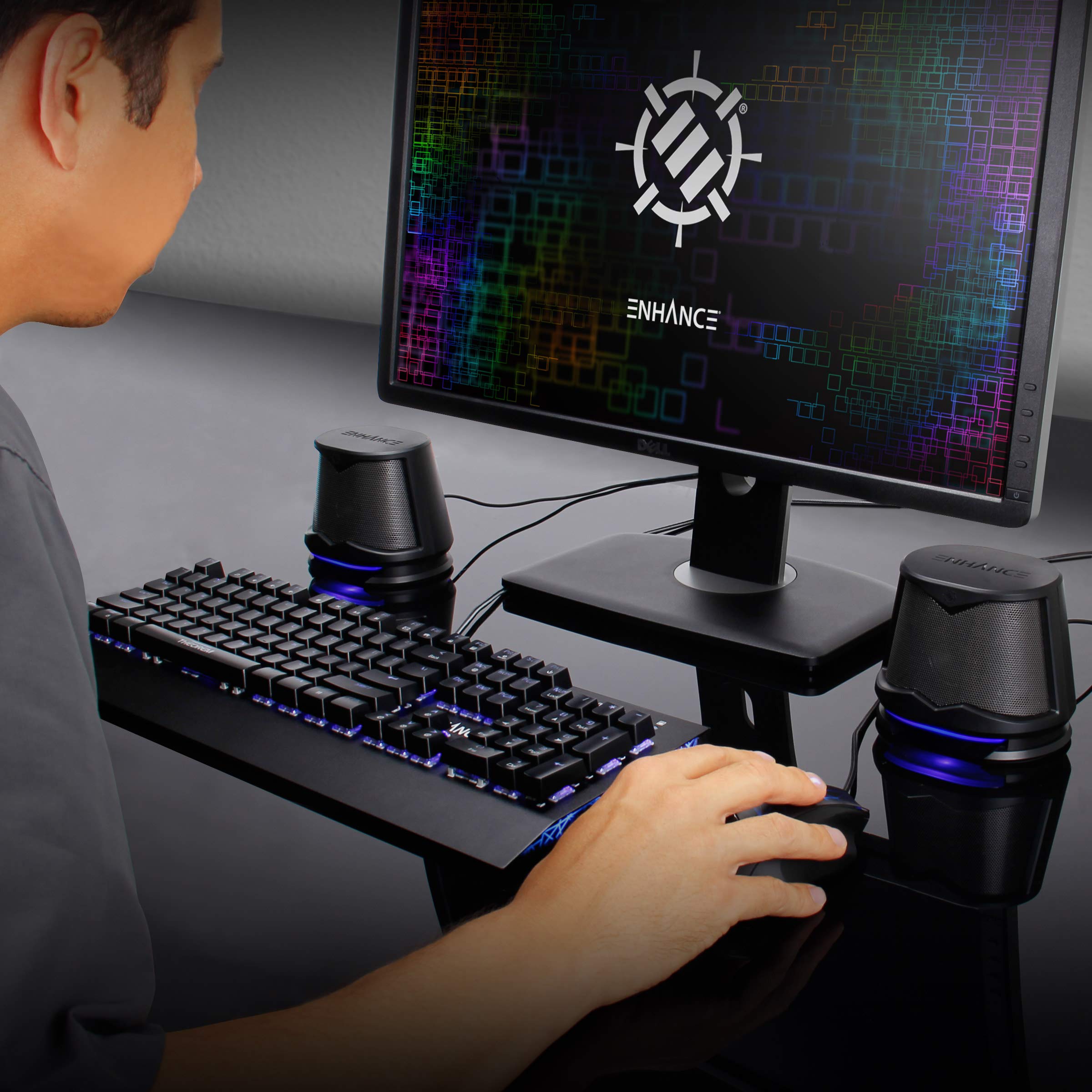 ENHANCE SB2 Haut-parleurs pour PC avec lumières LED Bleues et Design alimenté par USB 2.0 – Son de crête de 10 W, Connexion Filaire de 3,5 mm, contrôle du Volume en Ligne – Compatible avec Ordinateur