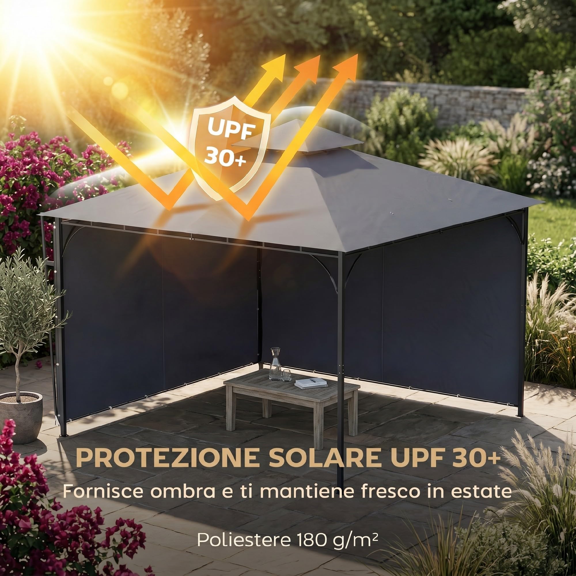 Outsunny Gazebo da Giardino 3.2x3.2 m con Tetto Estensibile, Gazebo da Esterno con Doppio Tetto Ventilato, Fori di Drenaggio in Metallo, per Giardino Balcone Feste Patio, UV30+, Grigio Scuro