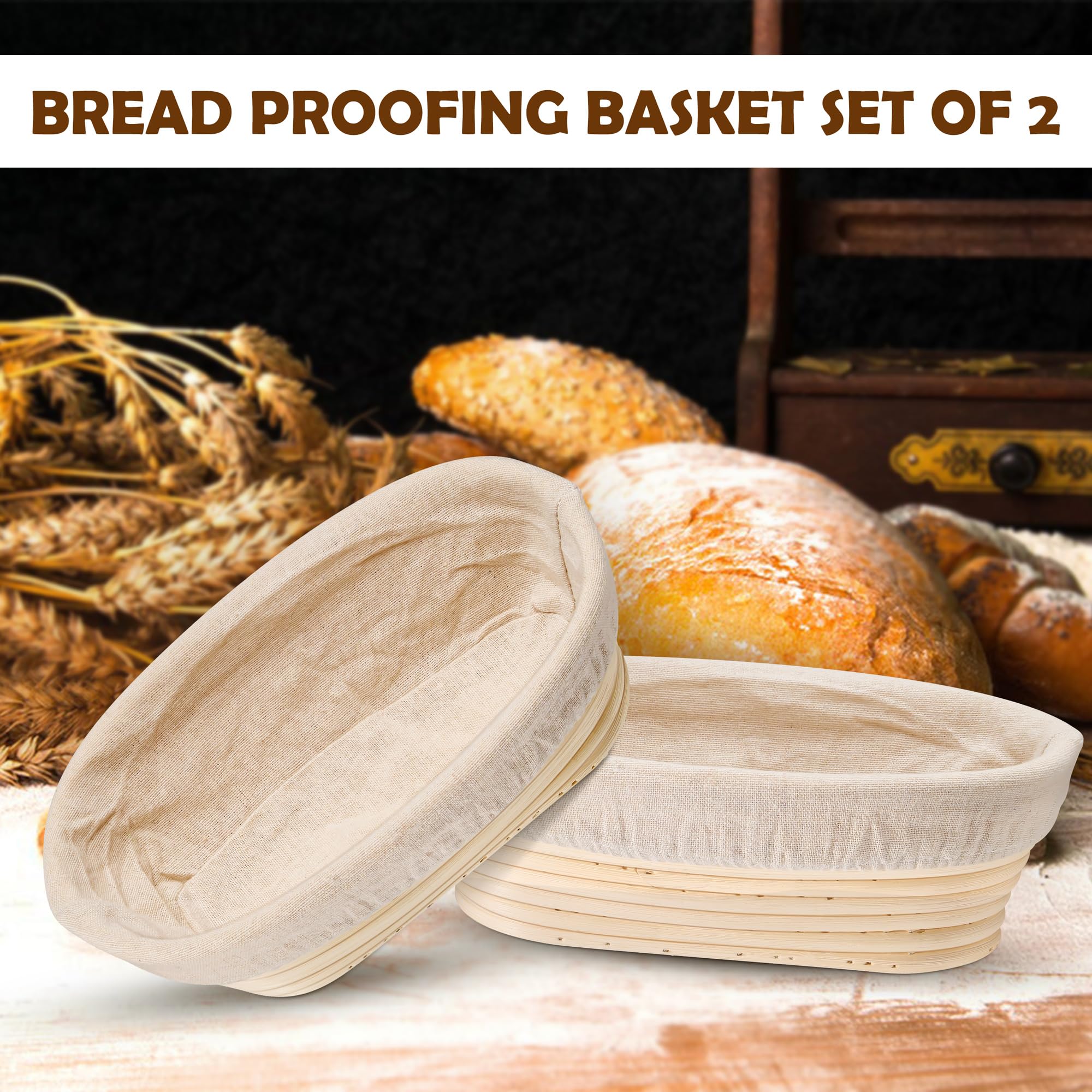 E-far Banneton Lot de 2 corbeilles à pain ovales de 25,4 cm pour lever le pain au levain avec doublures pour la pâtisserie domestique et professionnelle