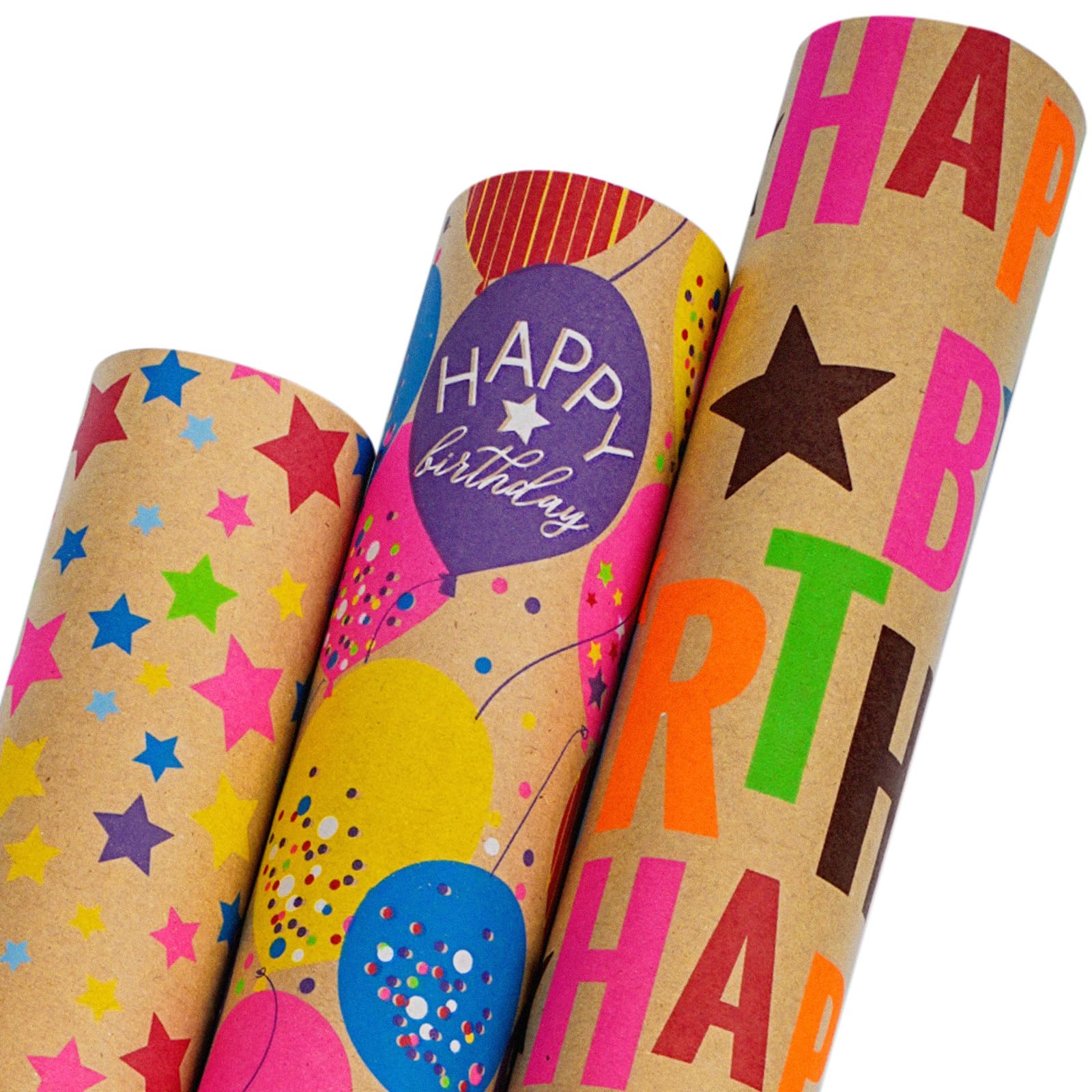 BIOBROWN Papel de regalo de cumpleaños Kraft – Mini rollo – 17 x 120 pulgadas por rollo – Texto colorido feliz cumpleaños globo estrella diseño para fiestas, baby shower, vacaciones