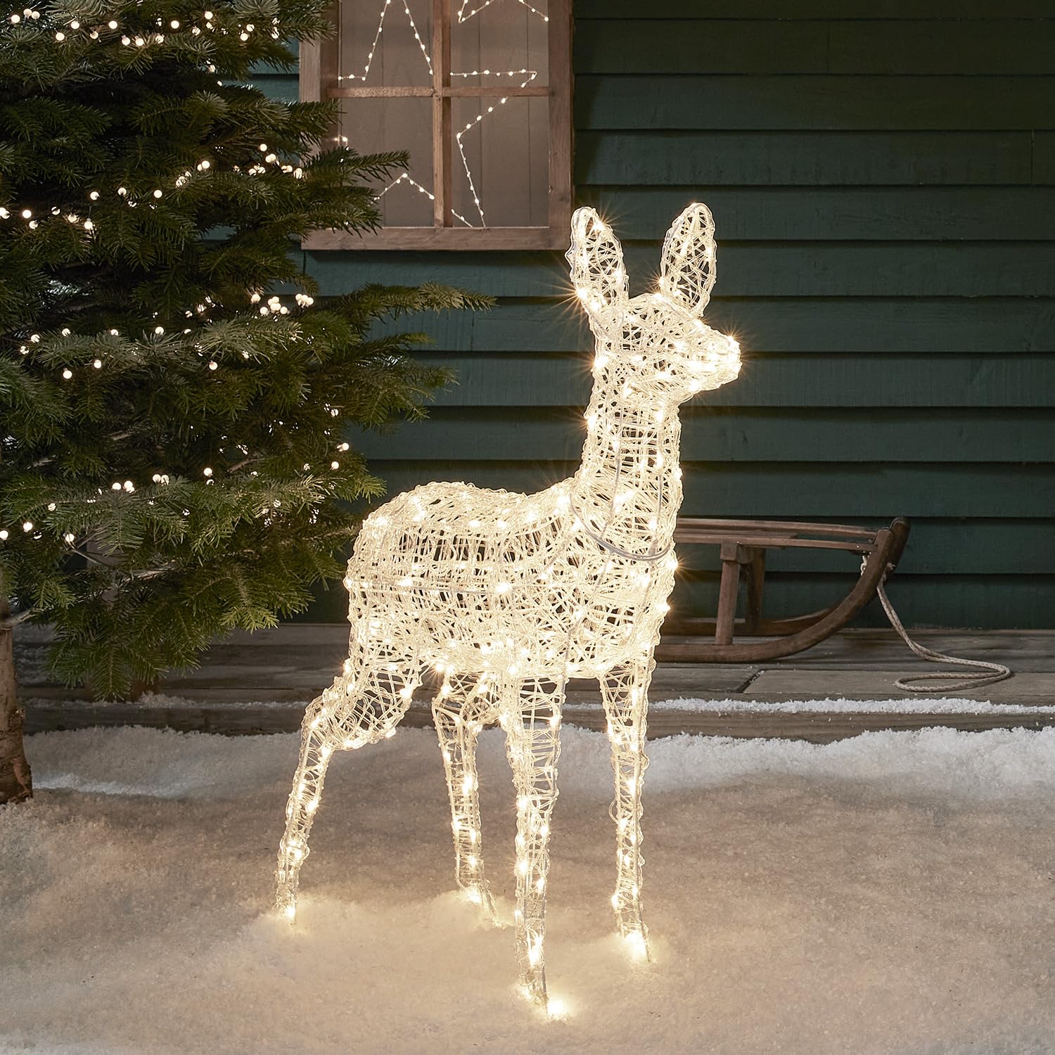 Lights4fun 3-in-1 Swinsty LED Rentier Figur Mutter 105cm Timer Weihnachtsbeleuchtung Außen und Innen