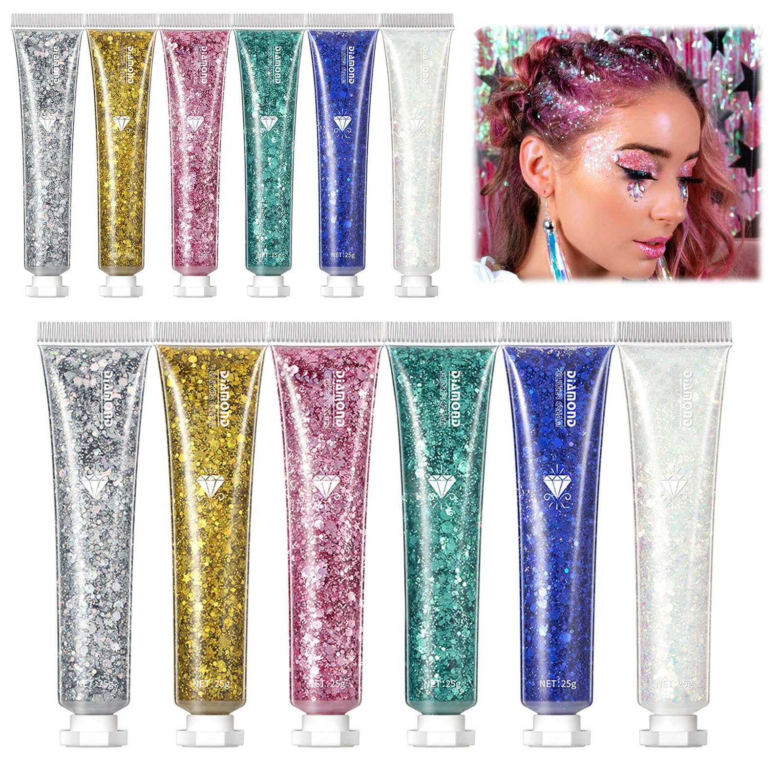 2 Set Body Glitter,Glitter Body Gel,Mermaid Face Body Sequins,Liquid Eyeshadow Glitter,Long Lasting Sparkling Colorful Stage Makeup for Body,Face,Hair