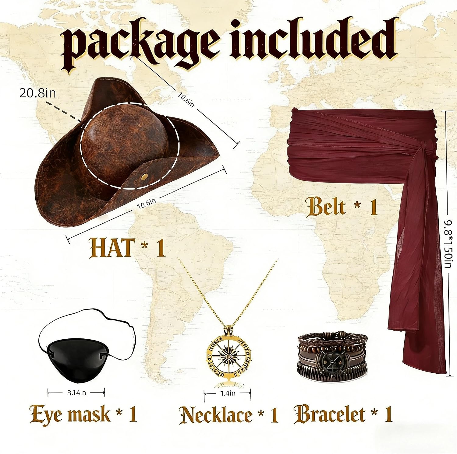5pcs Pirate Hat Costume Accessories Women Men Set With Leather Eye Patch,Necklaces,Bracelet,Belt for Men