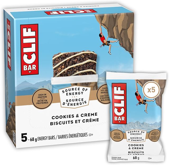 CLIF BAR Barres d'énergie, cookies & Créme, Granola Bar, Forte en protéines, contient 70% Ingrédients organiques, 340 g (paquet de 5)