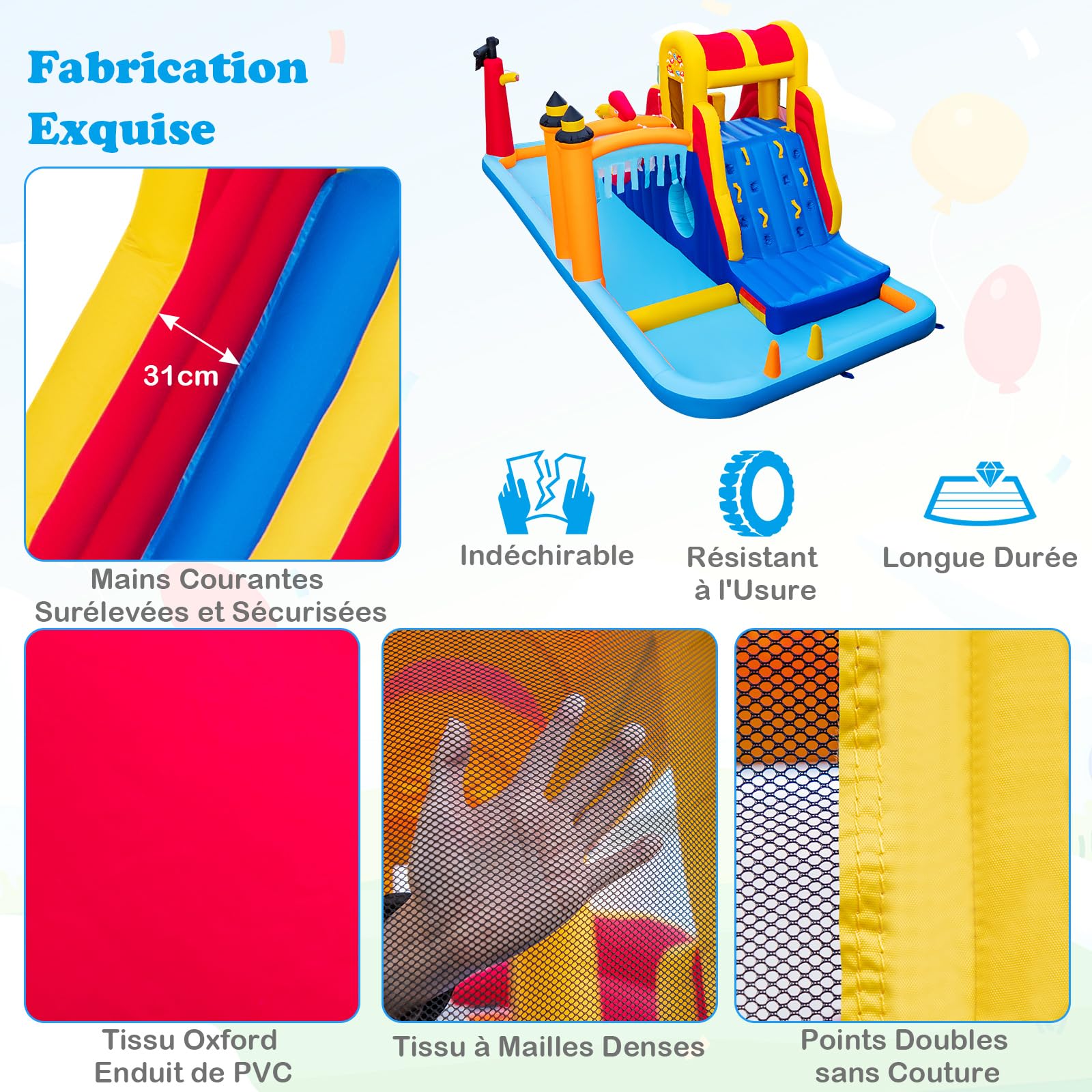 COSTWAY Château Gonflable en Forme Boîte avec Toboggan Aquatique & Mur d’Escalade, Aire de Jeux Gonflable avec Canon à Eau, Charge 90kg pour 3 Enfants de 3-10 Ans, 693x295x263 cm…