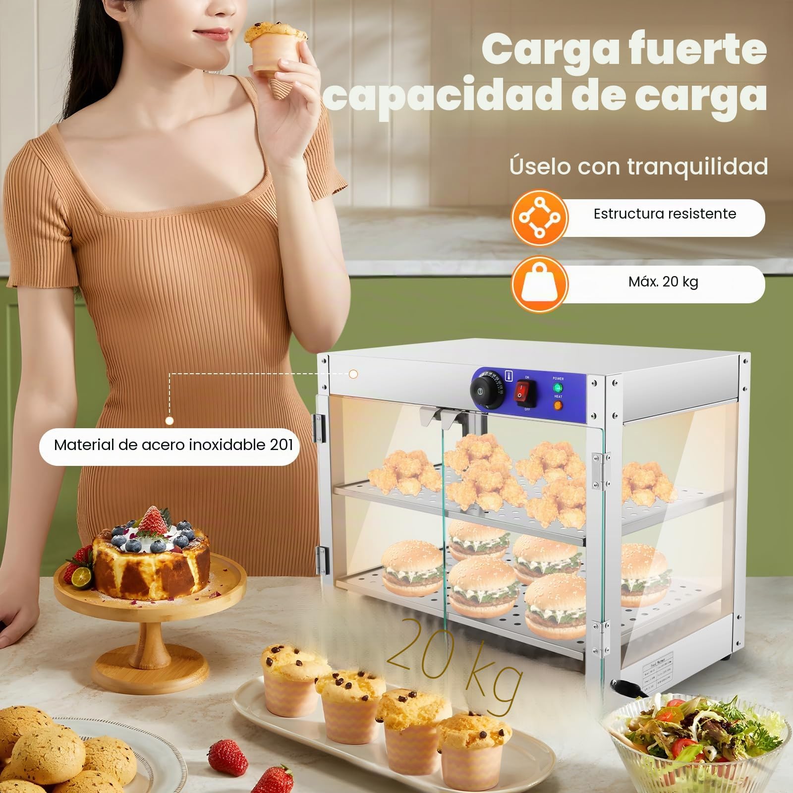 Vitrina de encimera, mostrador caliente, vitrina para mantener el calor, vitrina térmica de 30 – 85 °C, iluminación interior, estante de alambre de 2 niveles, con pinzas, cristal comercial