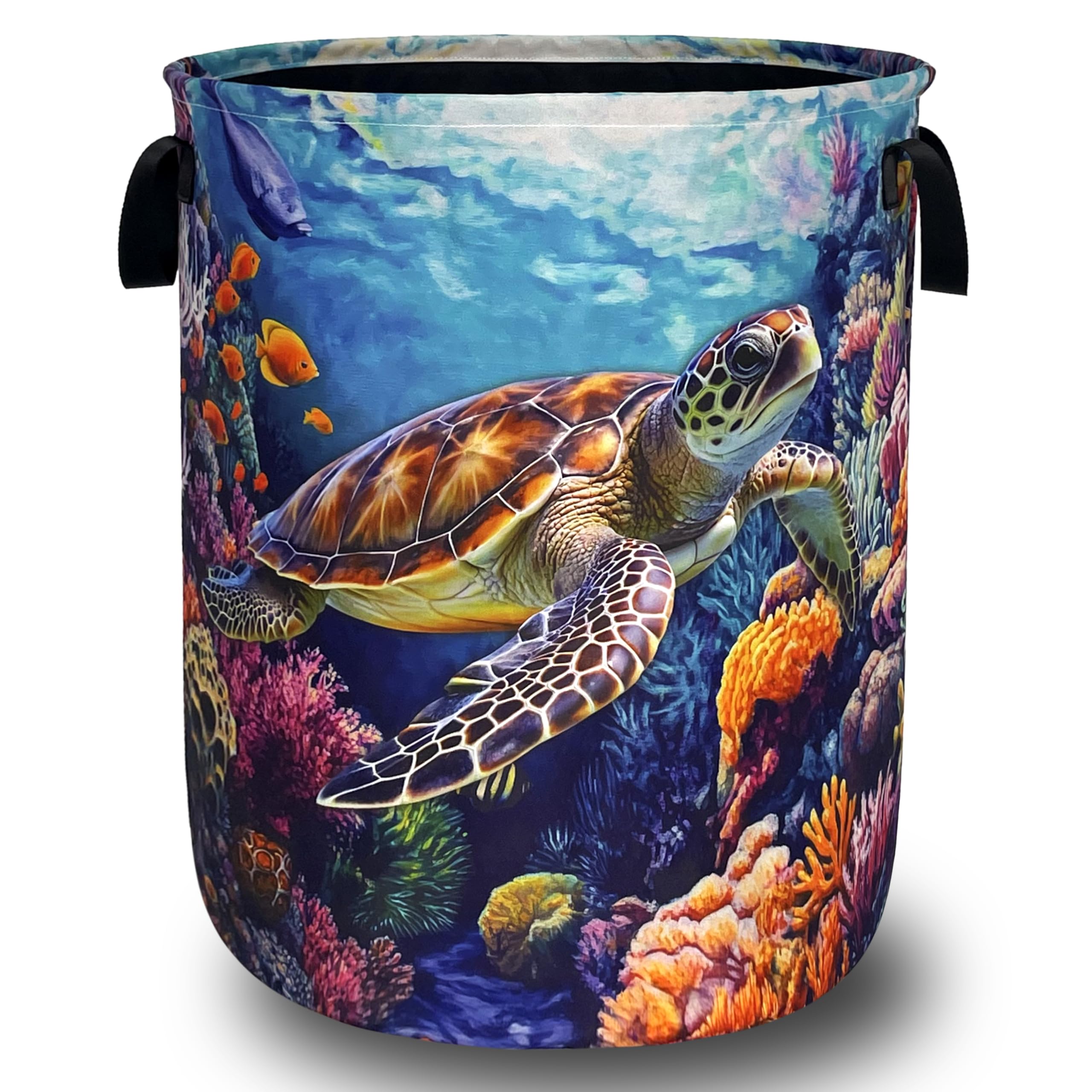 Ocean Animal Turtle Laundry Basket Oxford Cloth Foldable Hamper 18.9x16.5In