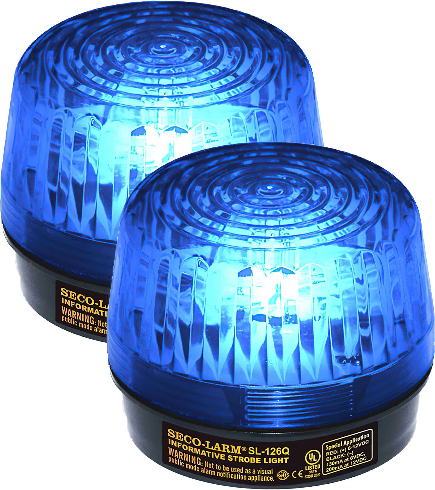 Seco-Larm SL-126Q/B Pack of 2 Strobe Lights, Blue; 6 ot 12VDC; Easy 2-Wire Installation; High-Impact and Heat-Resistant Acryrex Lens; Lifespan of Over 300 Continuous Hours; Protective Inner Cover