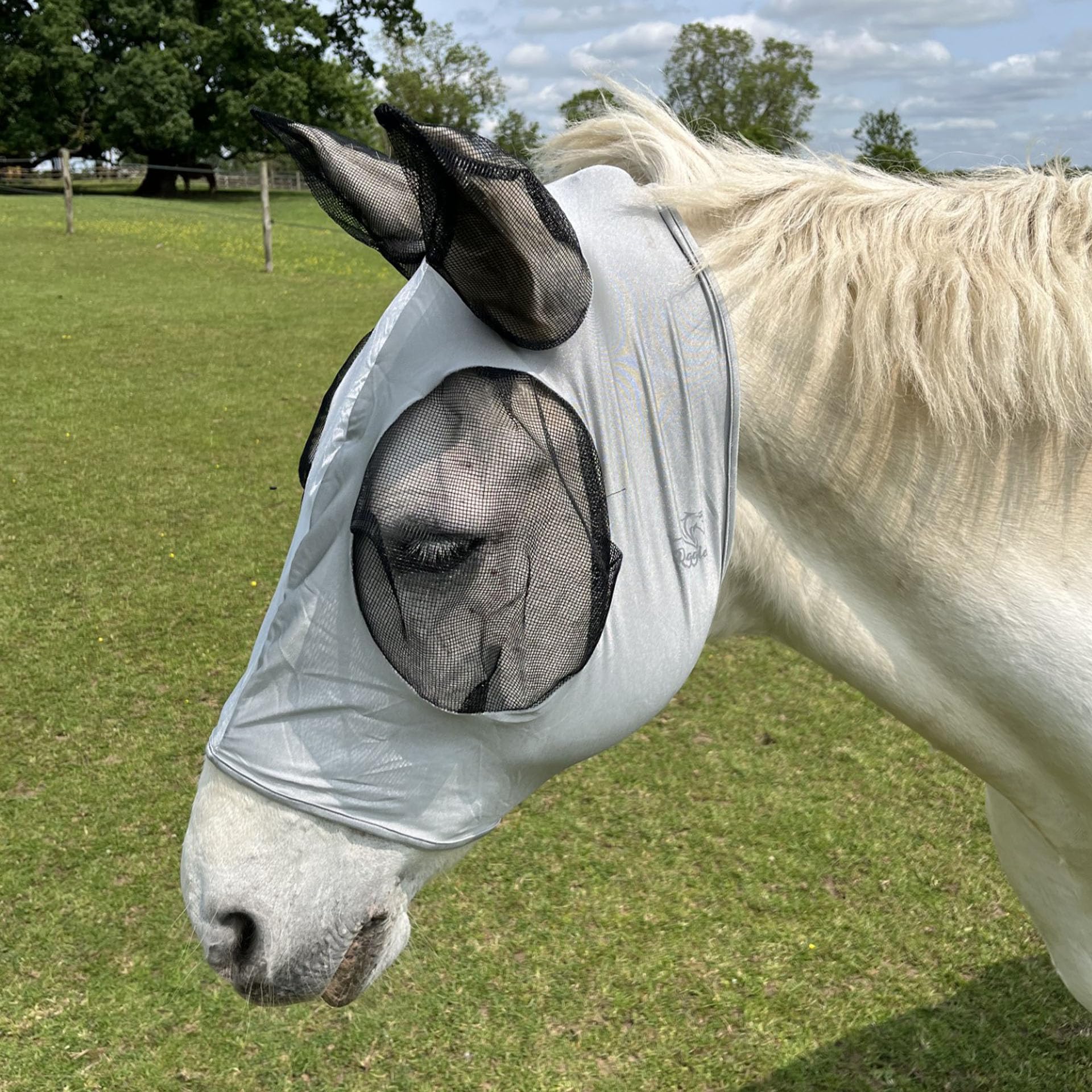 Ruggles Pull On Lycra Fly Mask for Horse And Pony | Mesh Eyes and Ears | 4 Way Stretch for Ultra Comfort No Buckles or Straps (XS, Pale Grey)