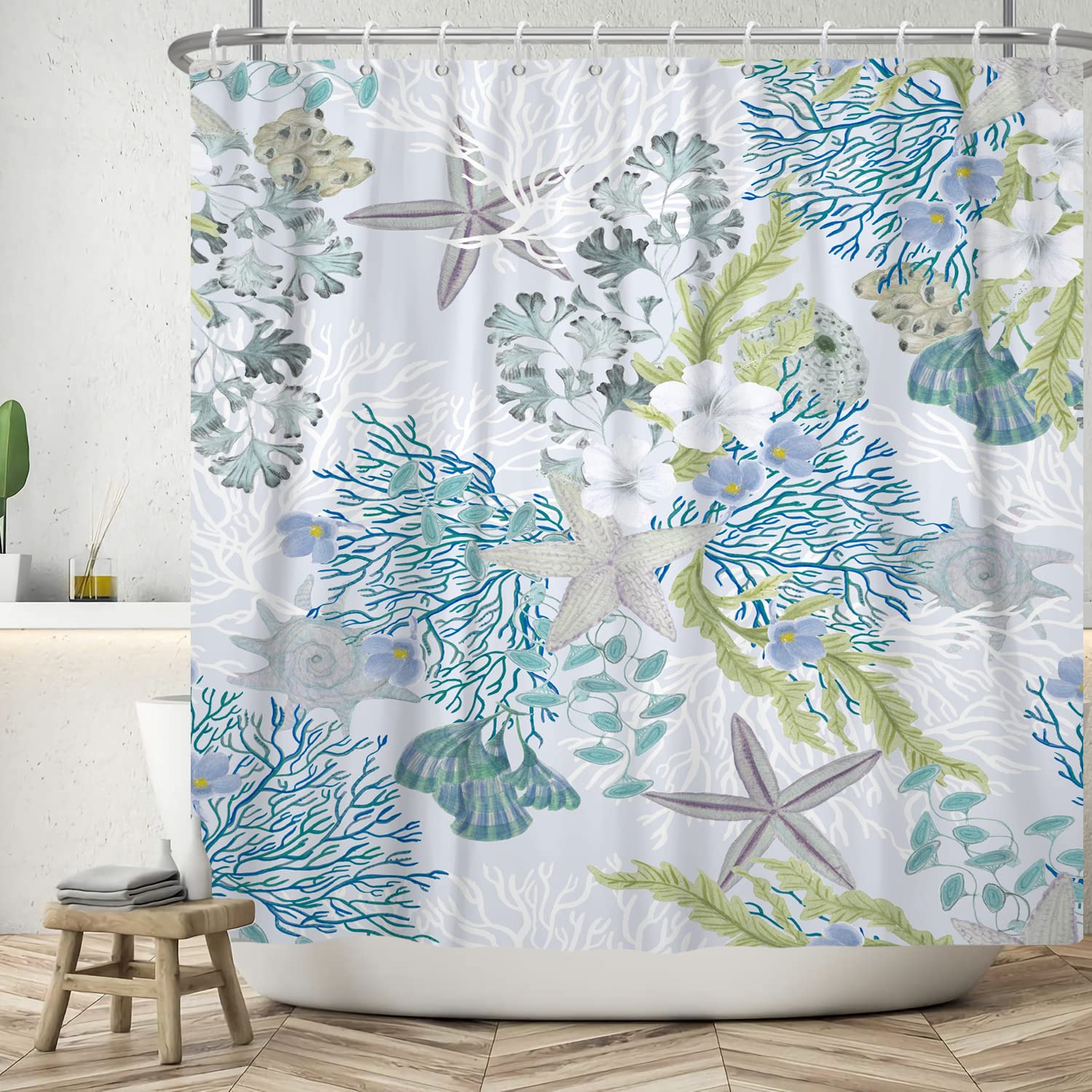 Nautical Coastal Shower Curtain Sea Coral Starfish Ocean Themed Shower Curtains for Bathroom Green and Blue Botanical Polyester Fiber Marine Shower Curtain with Hooks 72x72 Inch