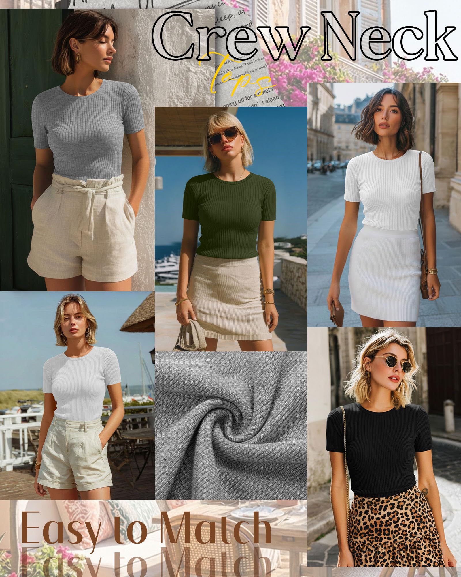 Neer Lot de 4 t-shirts côtelés en coton à manches courtes pour femme - Hauts basiques et col rond - Chemises décontractées d'été tendance 2026