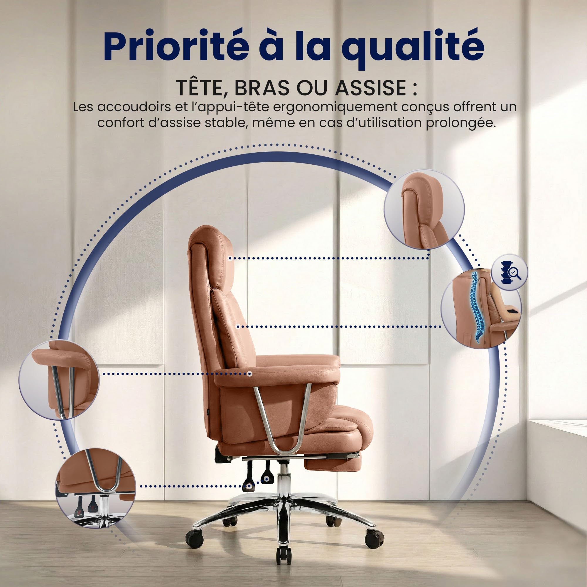 CLP Fauteuil de Bureau Ergonomique avec Repose-Pieds Dahra, Chaise de Bureau rembourree en Cuir veritable, pivotant, Hauteur reglable, Charge 135 kg | Couleur Marron