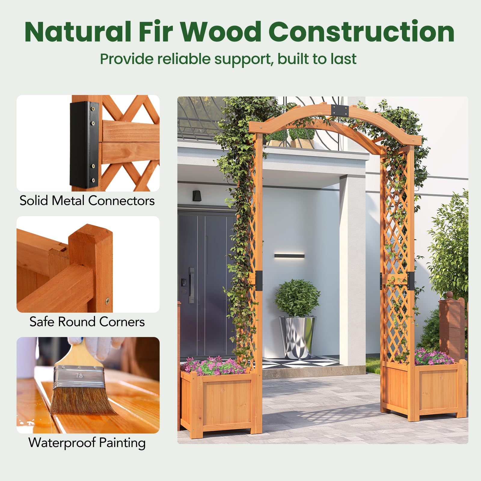 HOMASIS Arche Jardin Extérieur en Bois, Pergola Extérieur avec Jardinère, Treilli pour Plantes Grimpantes Fleurs, Légumes, Décoration de Patio Arrière-Cour (Jaune)
