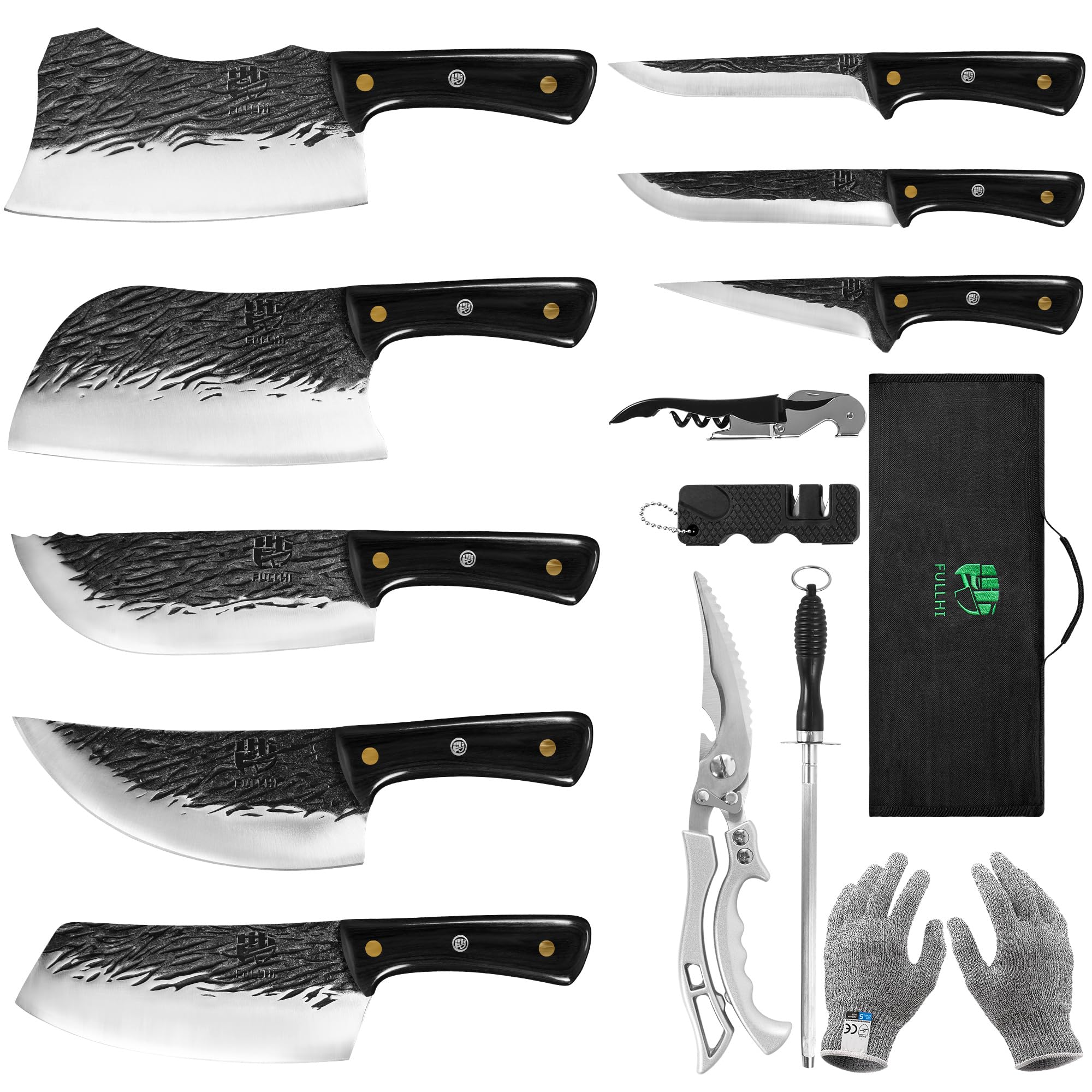 FULLHI Butcher Knife Set with Kitchen Shears, Hand Forged Chef Boning Knife With Scissors High Carbon Steel For Kitchen, Camping, BBQ
