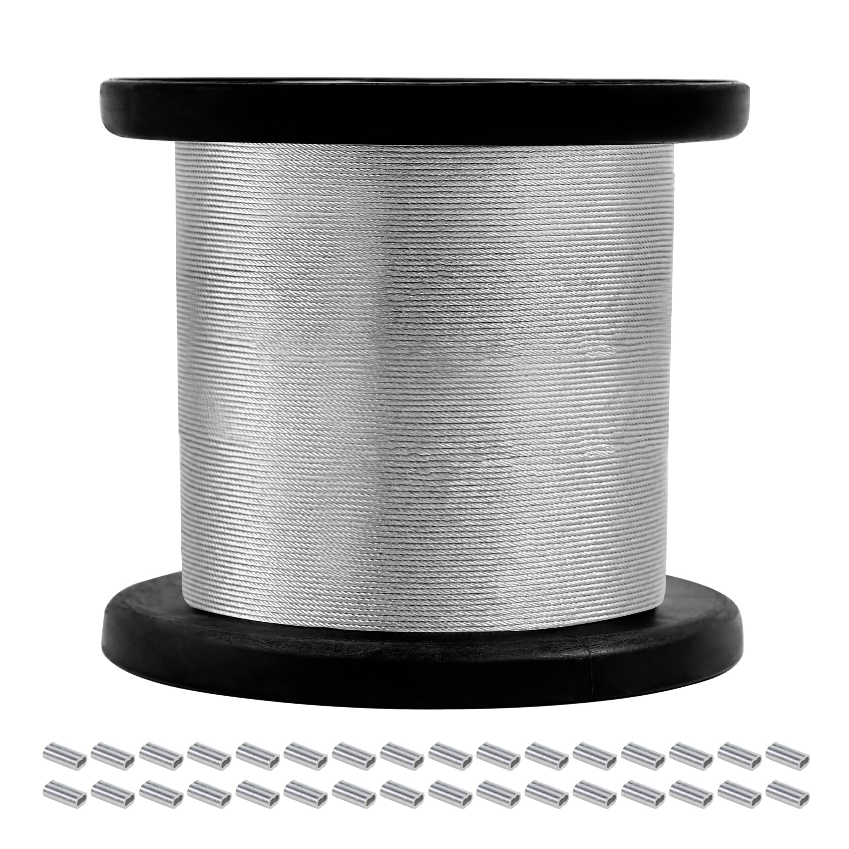 316 Stainless Steel Cable, 1000FT 1/32IN Wire Rope 7x7 Strand with 250Pcs Aluminum Sleeves Stops, Wire Rope for String Lights Hanging, Clotheslines,