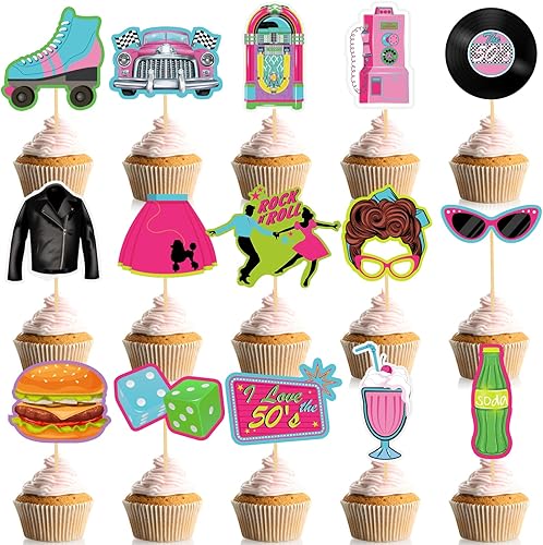 45 piezas de decoración de cupcakes de los años 50, decoración de fiesta de música rock and roll, decoración de pasteles para fiesta temática retro