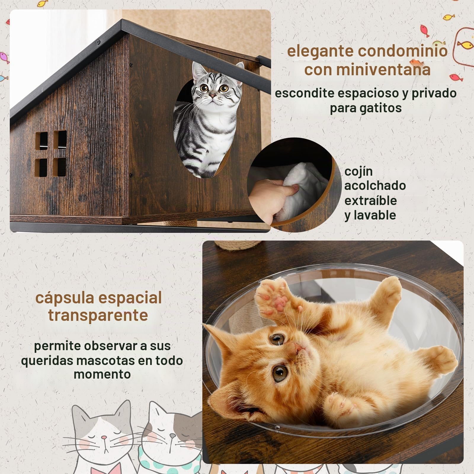 GYMAX Árbol rascador 3 en 1 de 150 cm, con caja de arena para gatos, armario y plataformas, árbol rascador para gatos con columna rascador y hamaca transparente, casa para gatos, armario para gatos