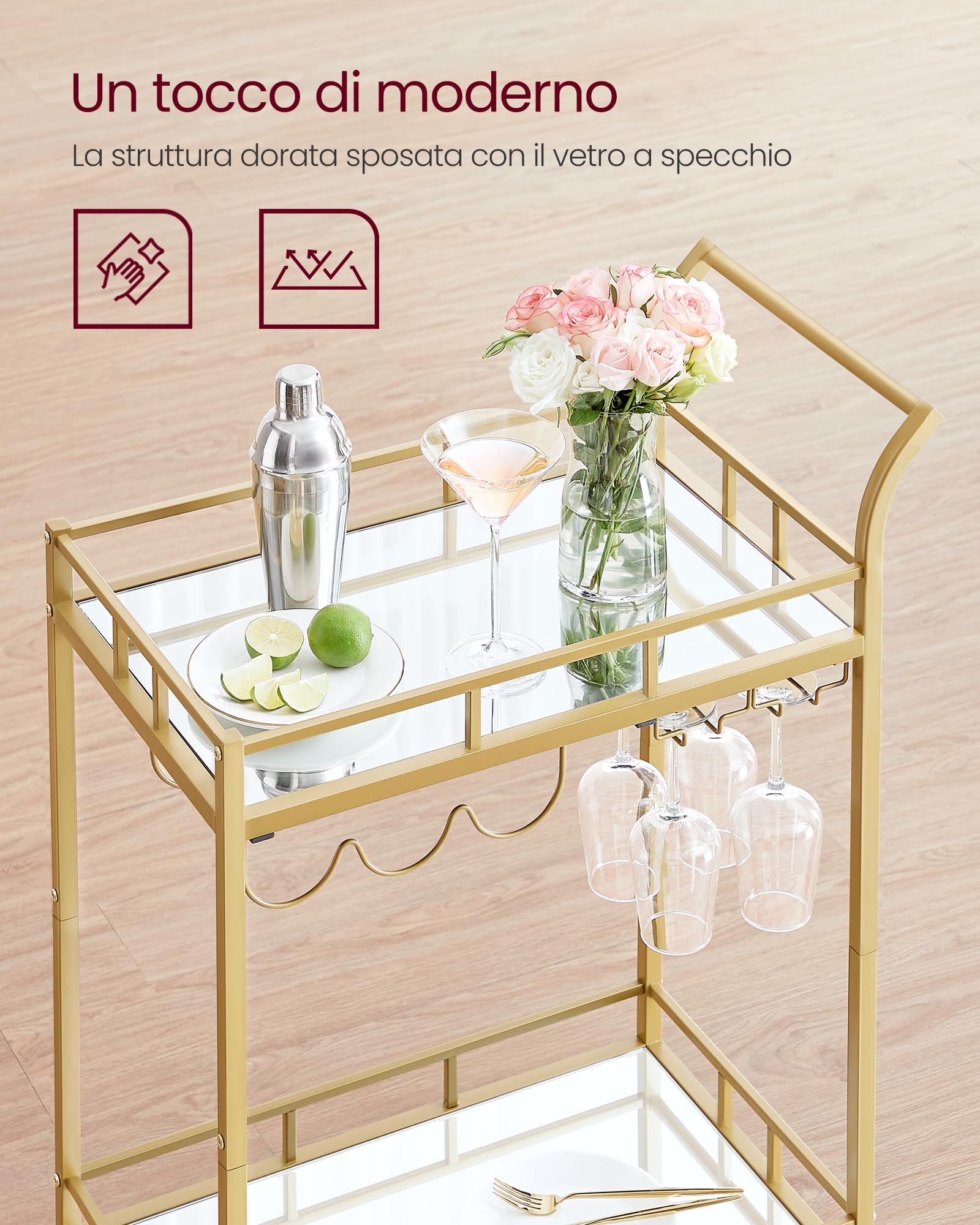 VASAGLE Carrello Cucina, 2 Ripiani a Specchio, Portabottiglie Vino