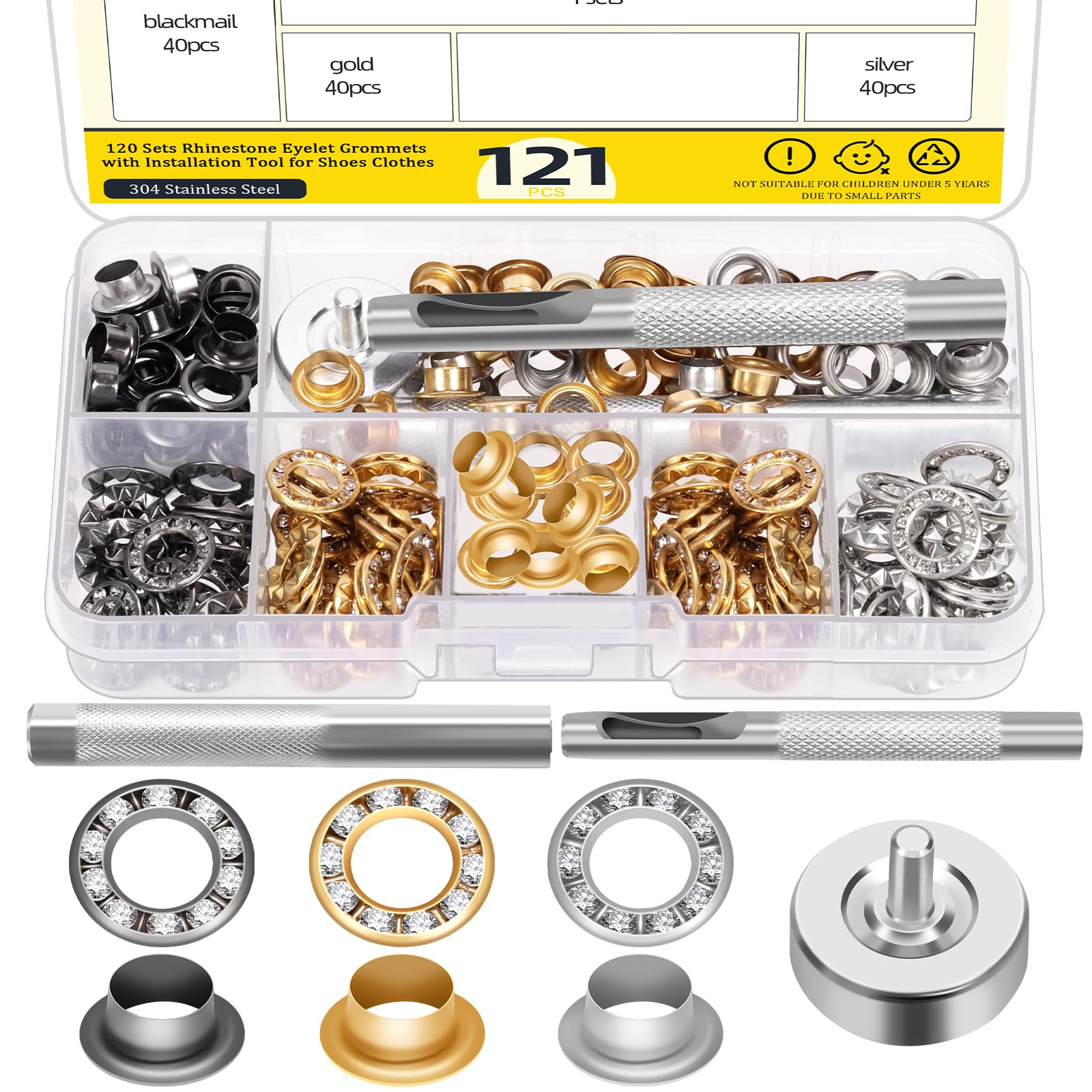 Mardatt 120 Sets 1/4” Rhinestone Eyelet Grommet Kit, Rhinestone Metal Grommet Rhinestone Eyelet Fittings Eyelet Grommets Kit with Washer, Hole Punch for Clothing Shoe (Gold/Silver/Black/Bronze)