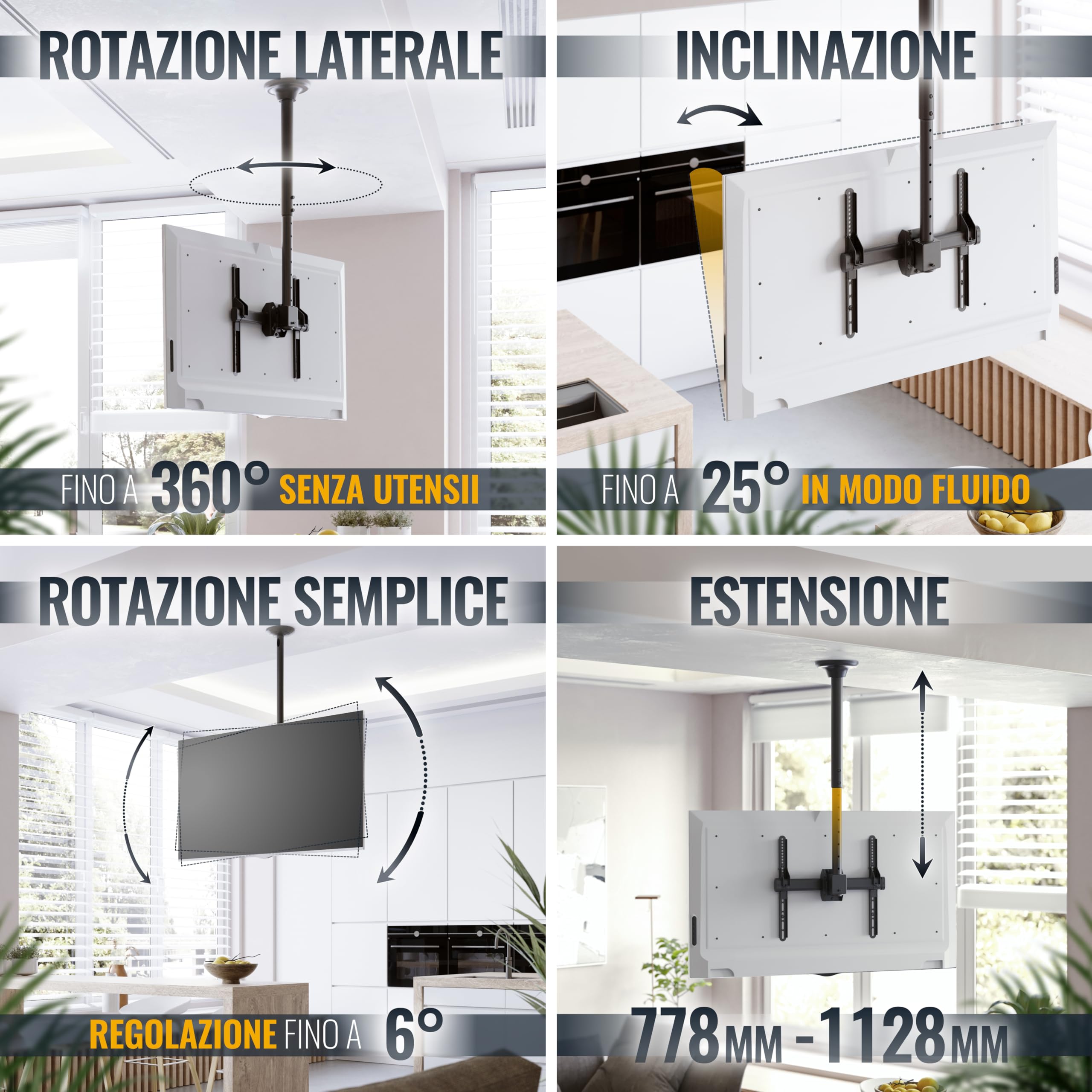 RICOO D0244 Supporto TV da soffitto Staffa TV 32-55 pollici per 32 43 50 55 pollici girevole inclinabile fino a 60 kg max VESA 400x400