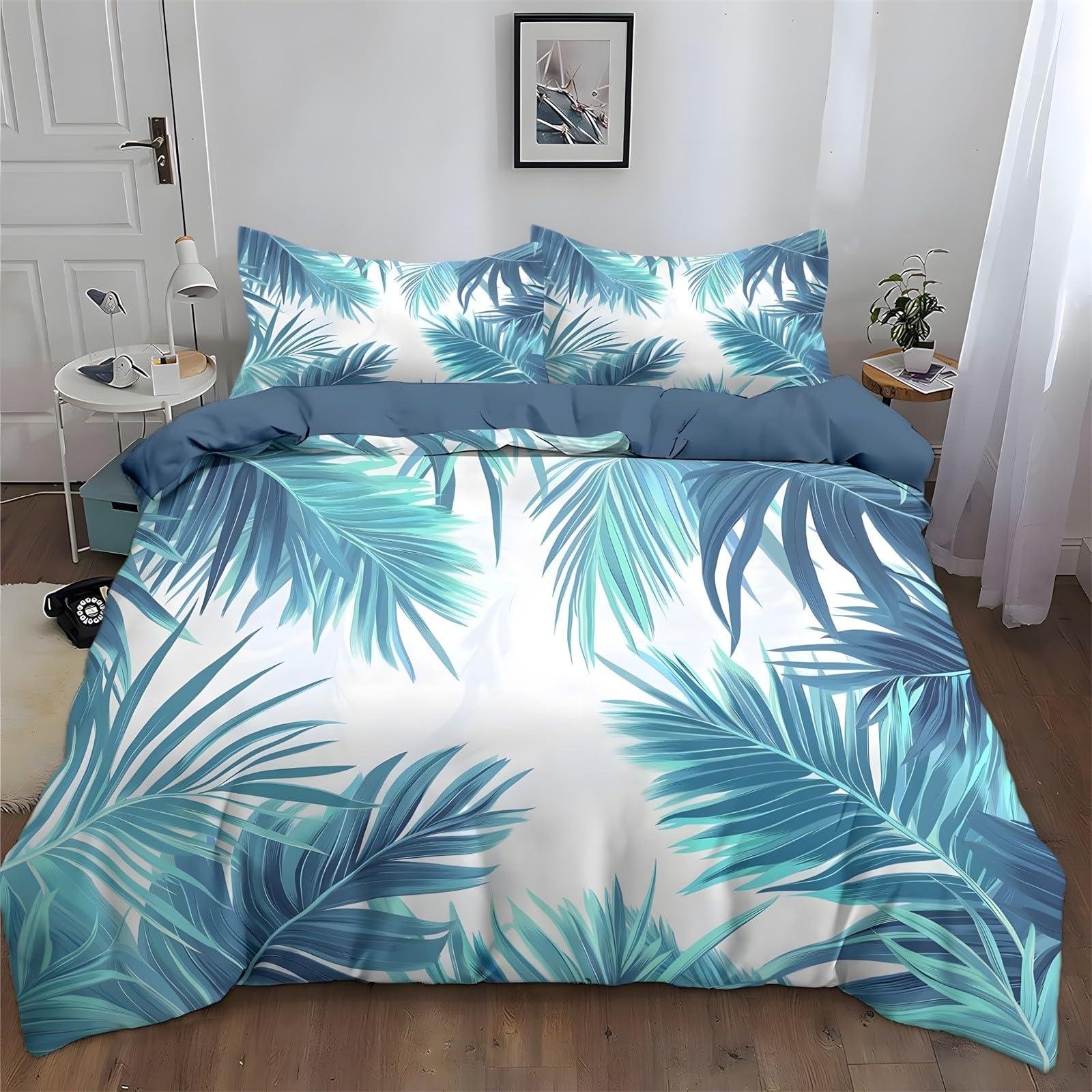 Funda Nordica Cama 90 Infantil Hojas de palmaRopa de Cama Azul y Verde Microfibra Suave y Cómoda con Cremallera Funda Edredon 150x200-2 Fundas Almohada 50x75 GH1208