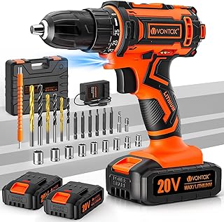 Drill Set, V VONTOX 20V Cordless Drill with 2 Batteries 2.0AH & Fast Charger, Home Power Drill 3/8" Keyless Chuck, 370 In-lb Torque, 2 Speed, 25+1 Position, 24pcs Drill for DIY