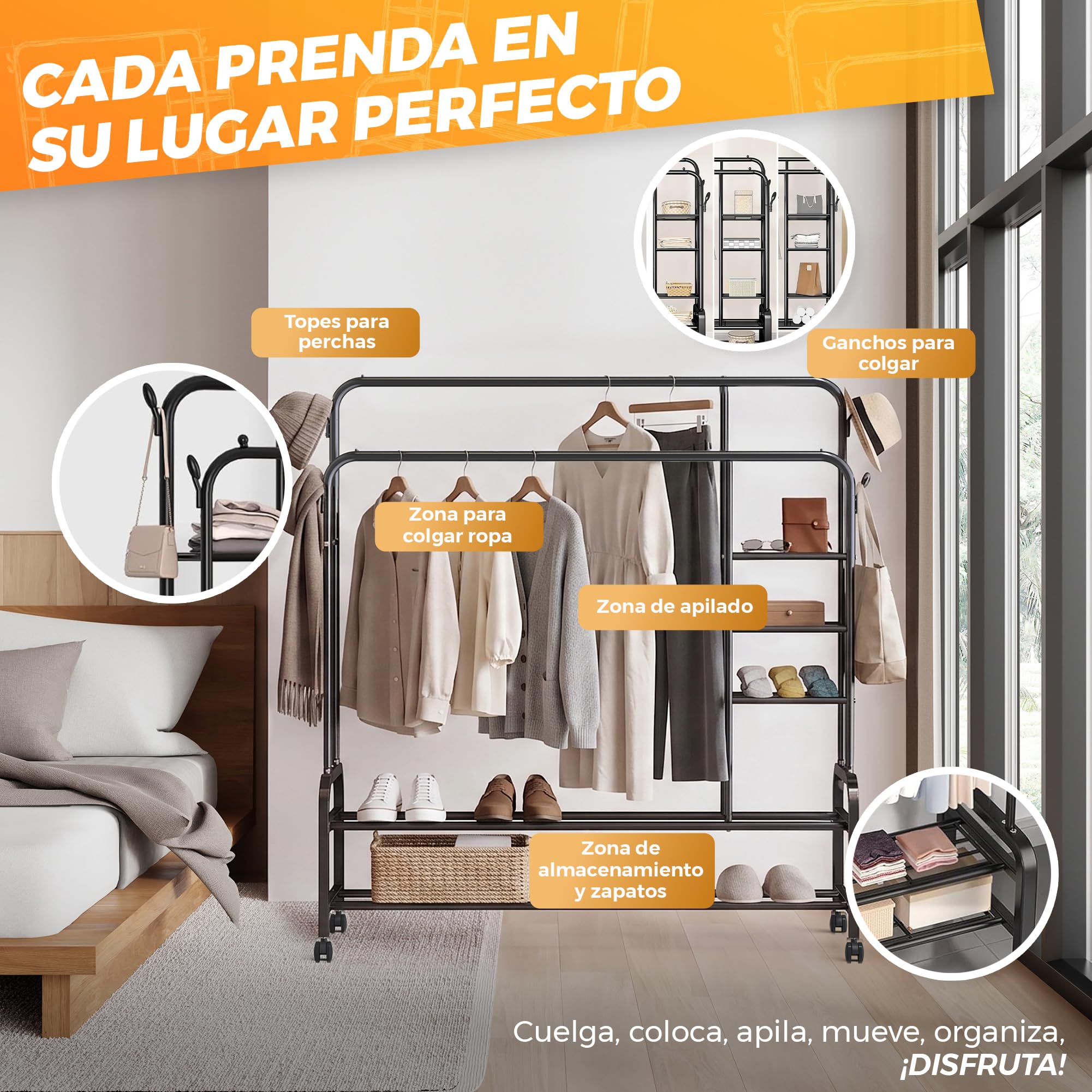 Burro de Ropa Resistente 150 cm con Doble Barra y Zapatero - Perchero de Pie con Ruedas 360 Armario Abierto Multifunción para Vestidor y Dormitorio Antideformación - Acero Negro
