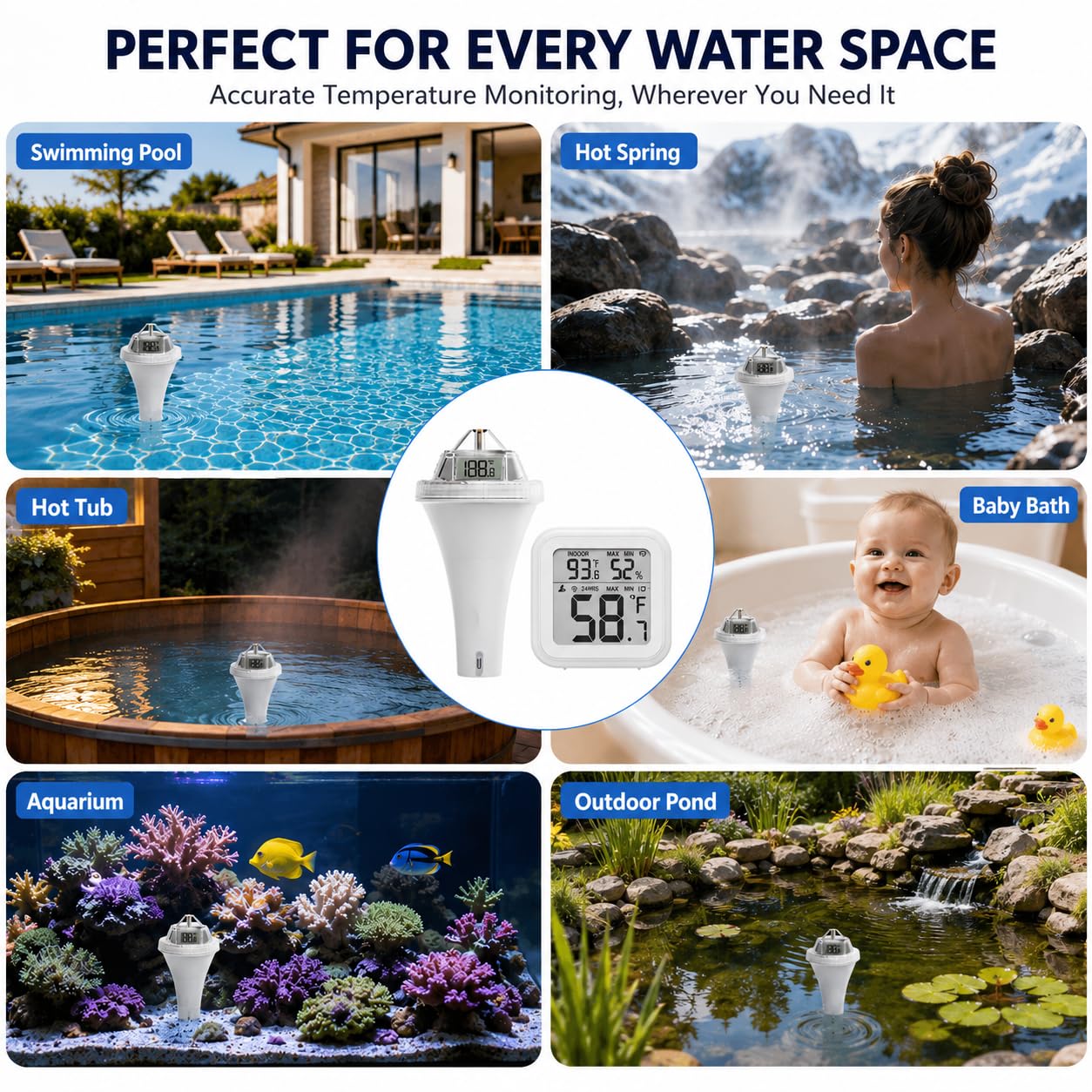 Termómetro digital para piscina con concentrador, control remoto, fácil de leer, termómetro de agua flotante digital para bañera de hidromasaje, baño de hielo, piscina, spa y pecera, puerta de